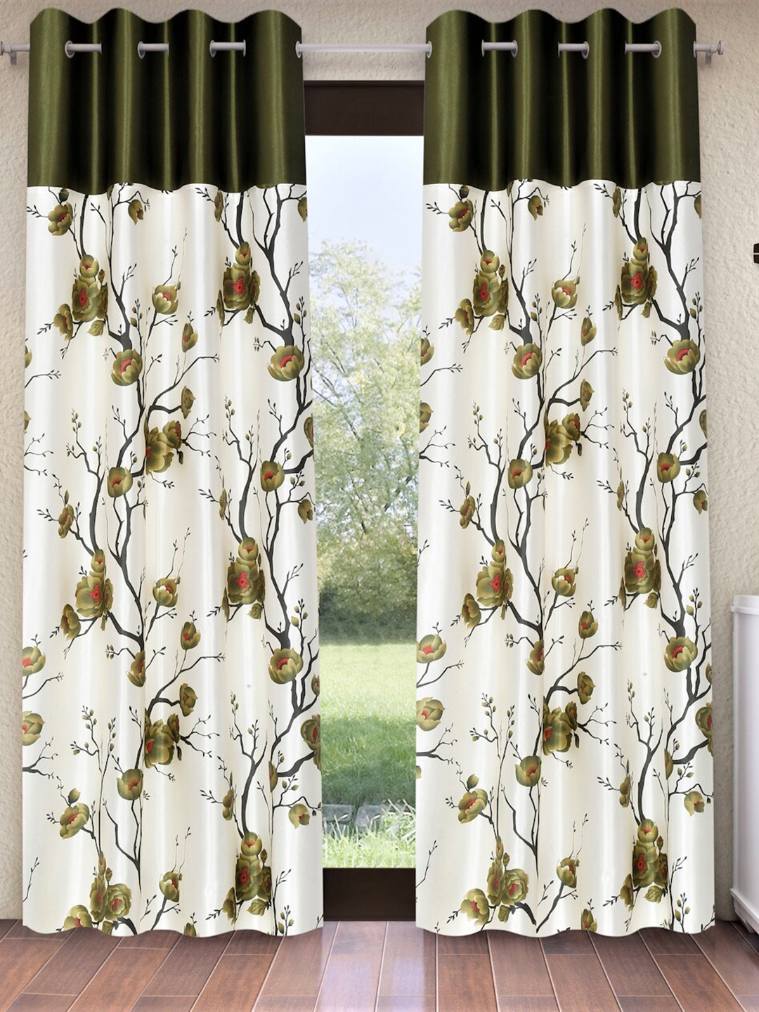 

Fashion String White & Green 2-Pieces Floral Long Door Curtains