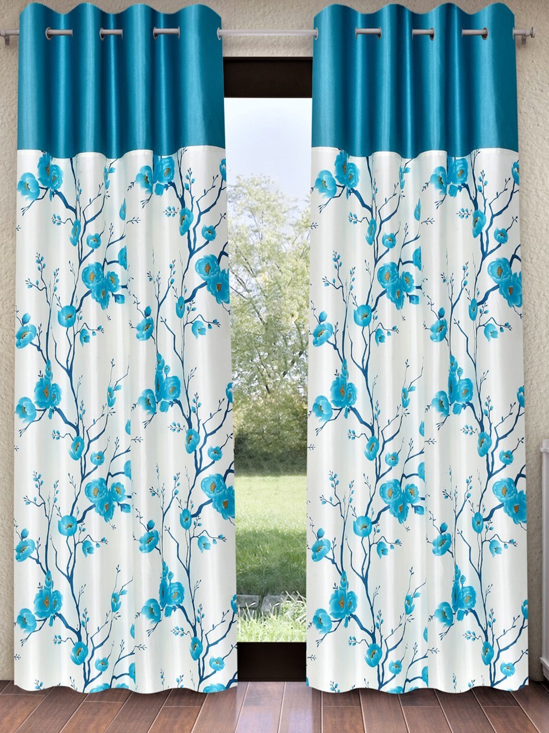 

Fashion String White & Turquoise Blue 2 Pieces Floral Printed Window Curtains