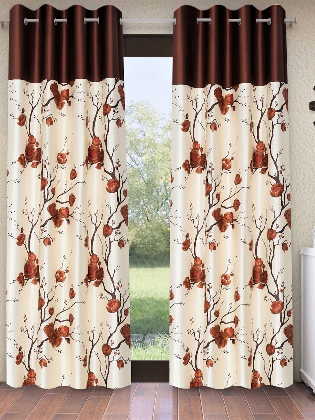 

Fashion String Brown & Cream-Coloured 2 Pieces Floral Printed Door Curtains