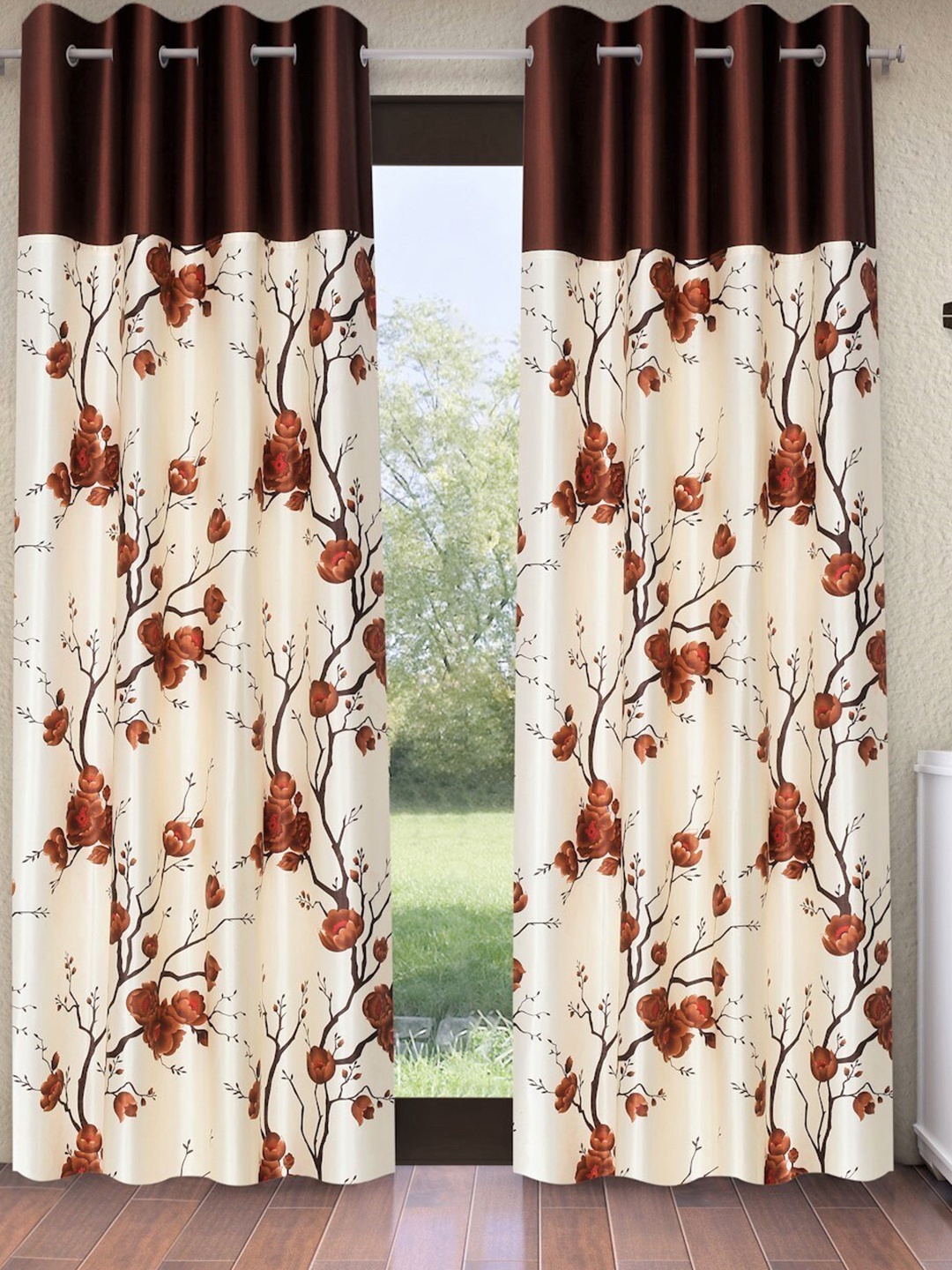 

Fashion String White & Brown 2 Pieces Floral Printed Long Door Curtains