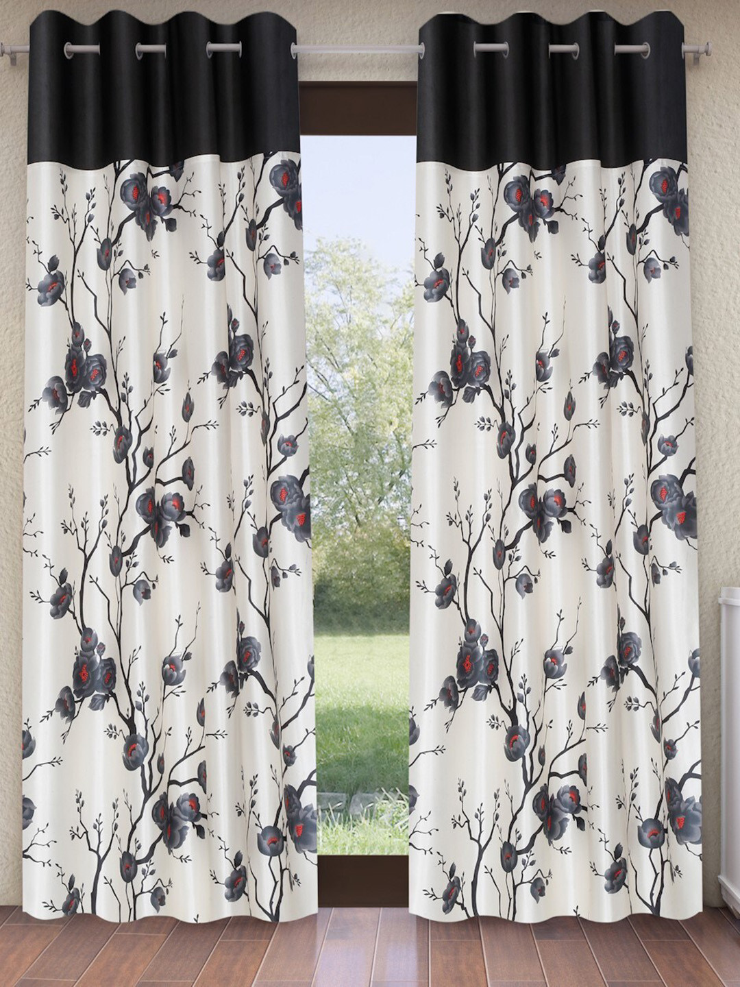 

Fashion String White & Grey 2 Pieces Floral Printed Window Curtains