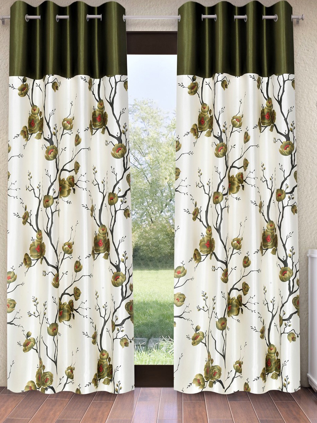 

Fashion String White & Green 2 Pieces Floral Printed Door Curtains