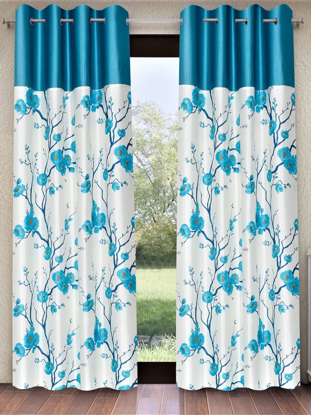 

Fashion String White & Turquoise Blue 2 Pieces Floral Printed Long Door Curtains