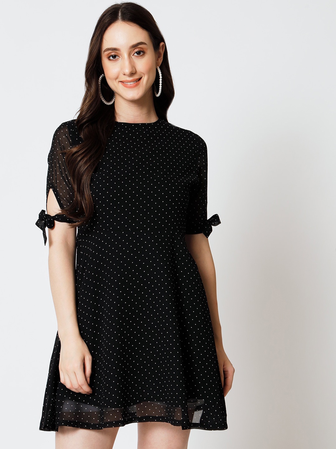 

Yaadleen Polka Dots Printed Georgette A-Line Dress, Black