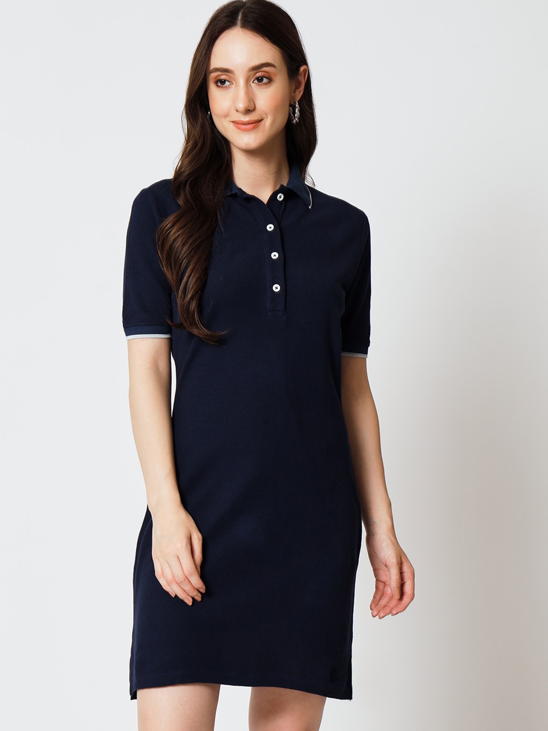 

Yaadleen Shirt Collar Cotton Shirt Dress, Navy blue