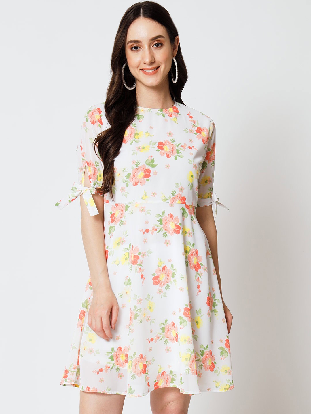 Yaadleen Floral Printed Georgette Fit & Flare Dress, Off white