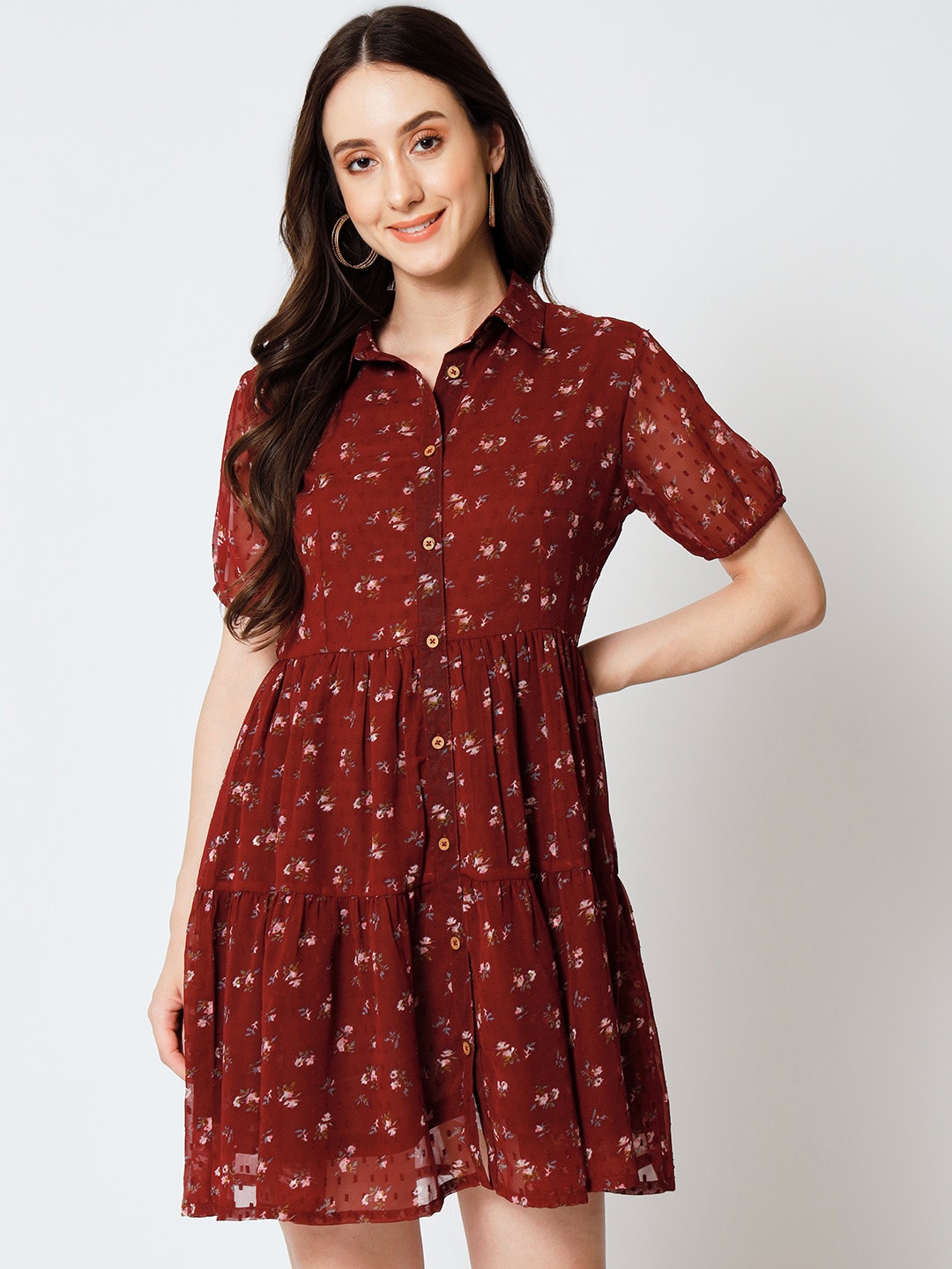 

Yaadleen Floral Printed Puff Sleeve Georgette Fit & Flare Dress, Maroon