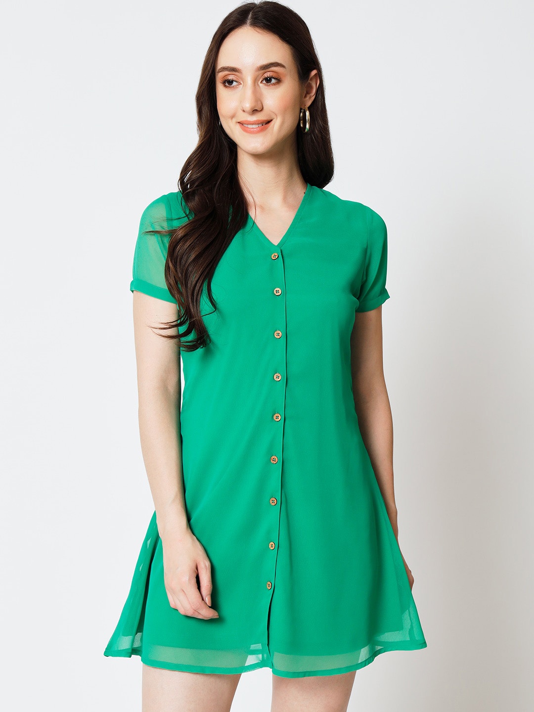 

Yaadleen V-Neck Georgette Shirt Mini Dress, Green