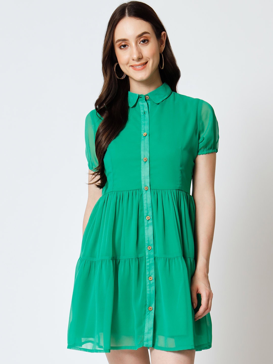 

Yaadleen Shirt Collar Tiered Georgette Shirt Dress, Green