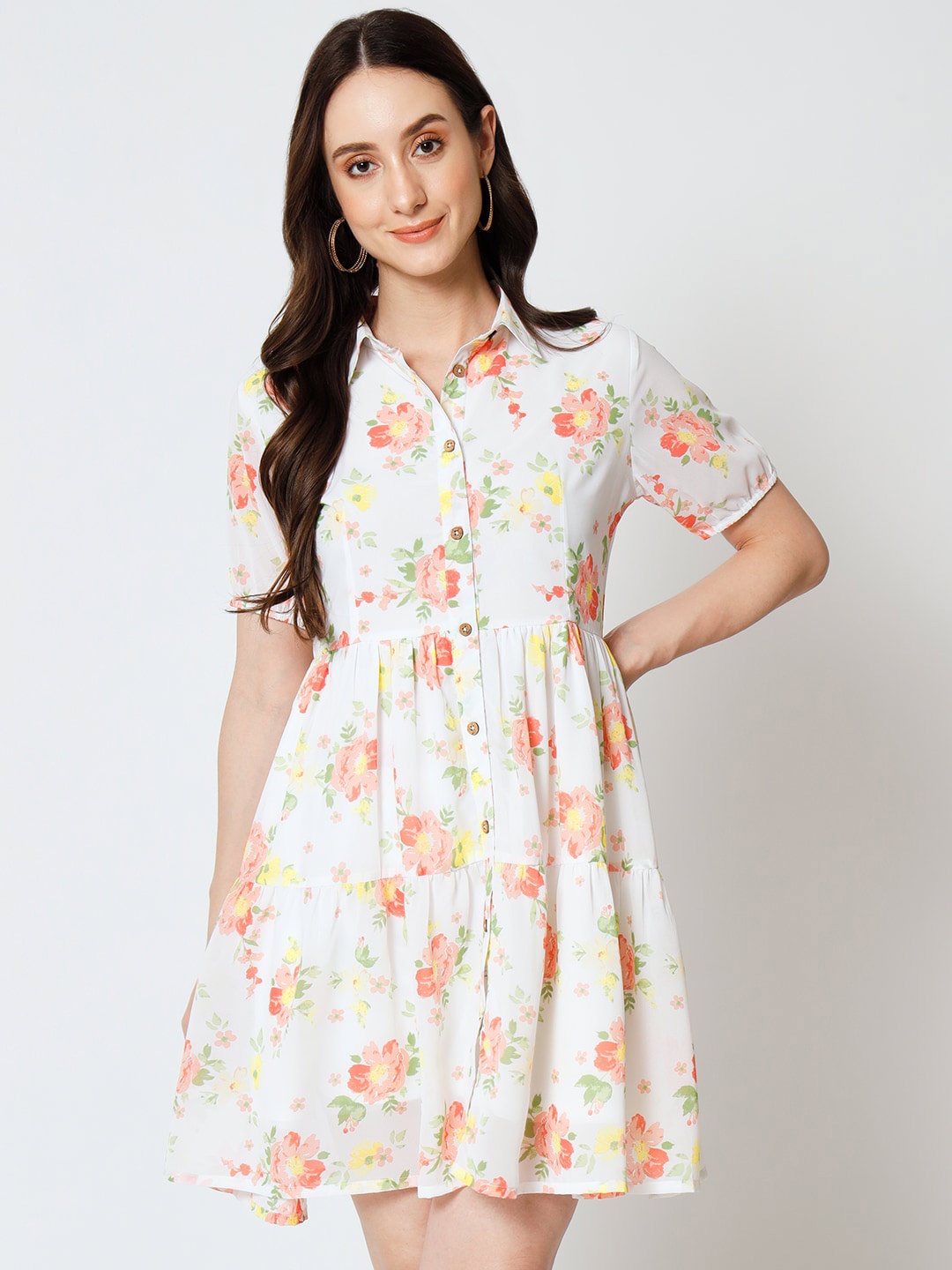 

Yaadleen Floral Printed Georgette Fit & Flare Dress, White