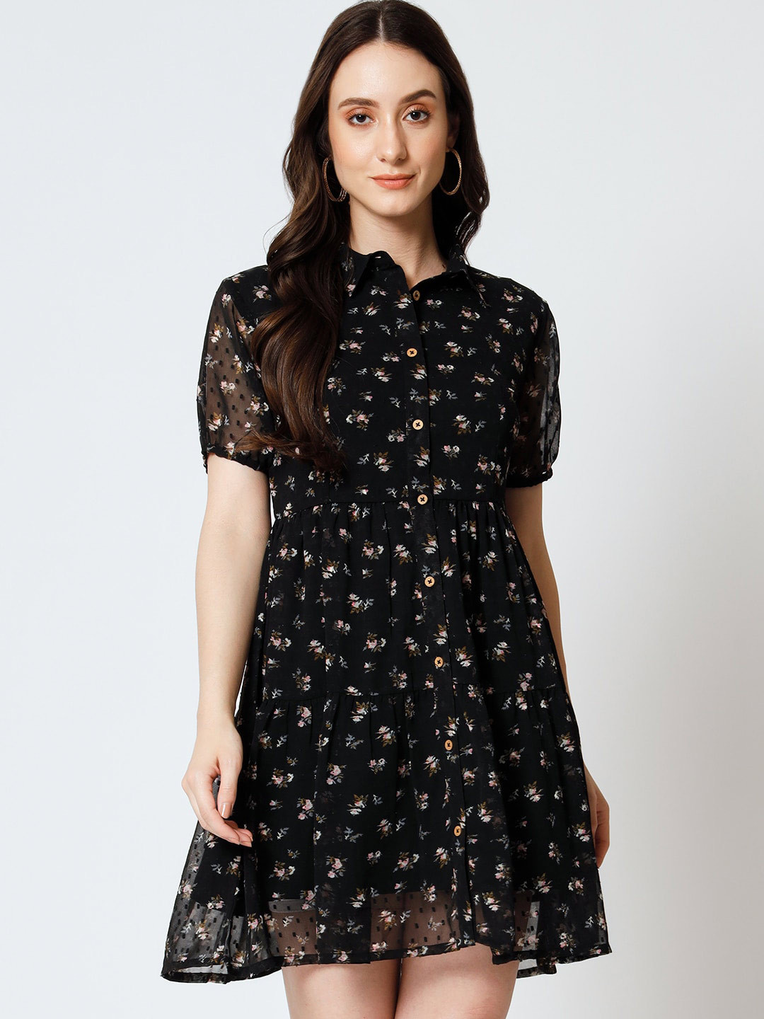 

Yaadleen Floral Printed Georgette Fit & Flare Dress, Black