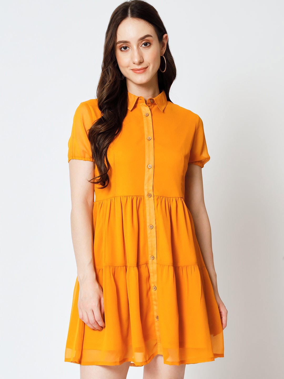 

Yaadleen Shirt Collar Tiered Georgette Shirt Mini Dress, Mustard