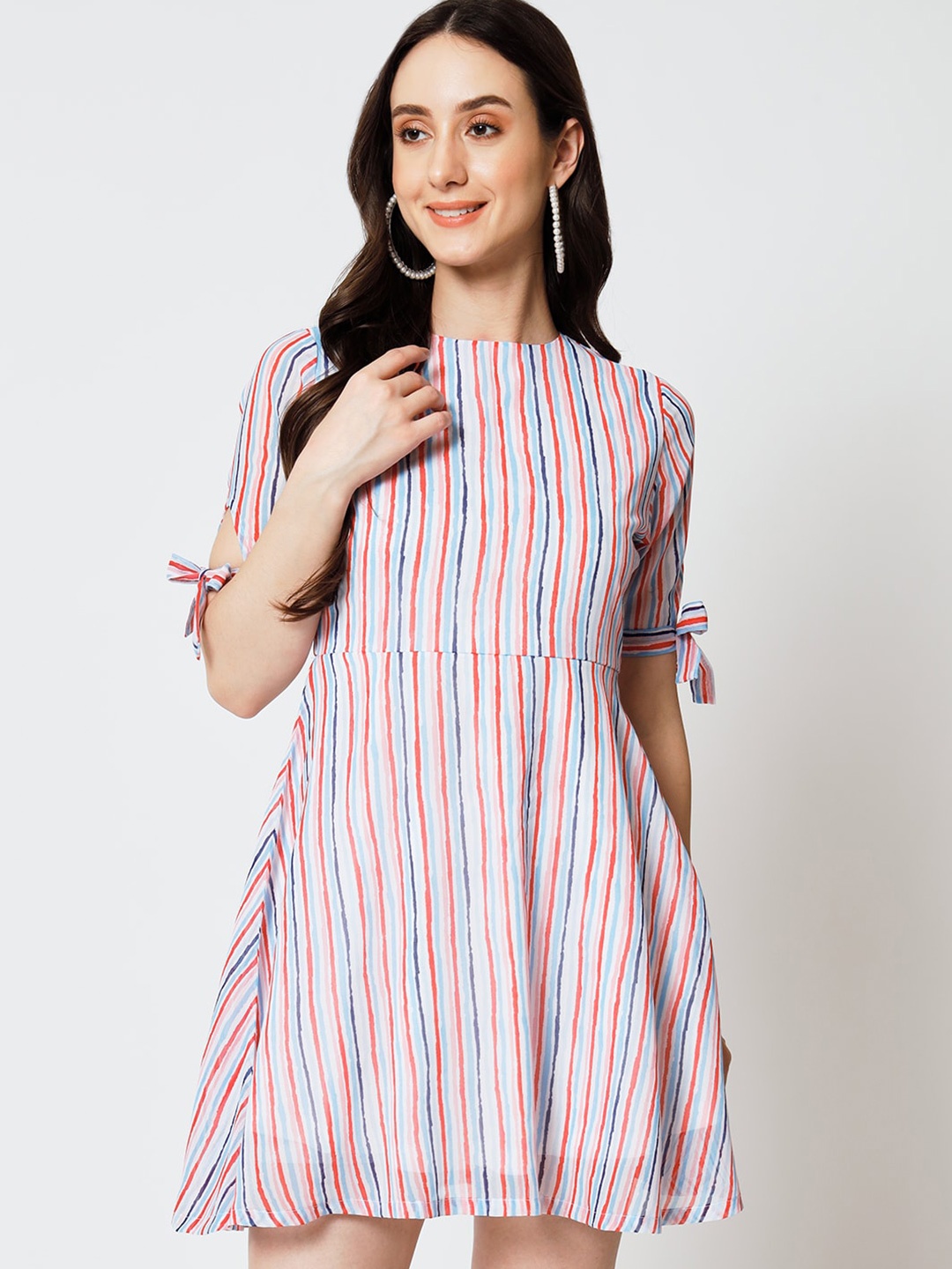 

Yaadleen Candy Striped Round Neck Fit & Flare Dress, Beige