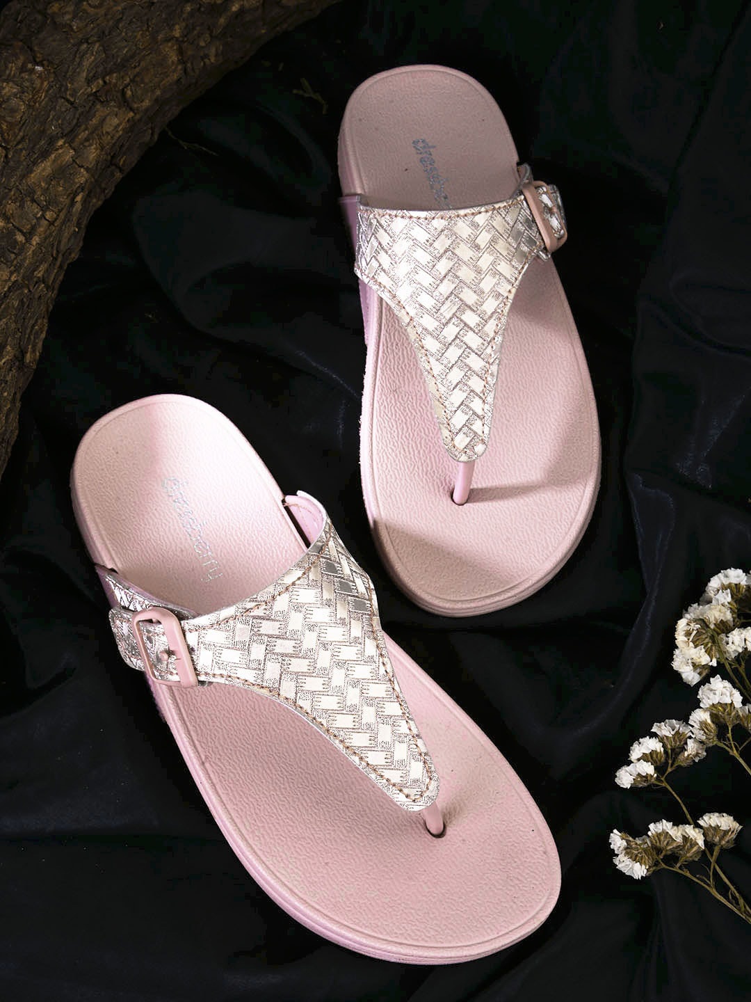 

DressBerry Women Pink Embellished Open Toe Flats With Buckle Detail