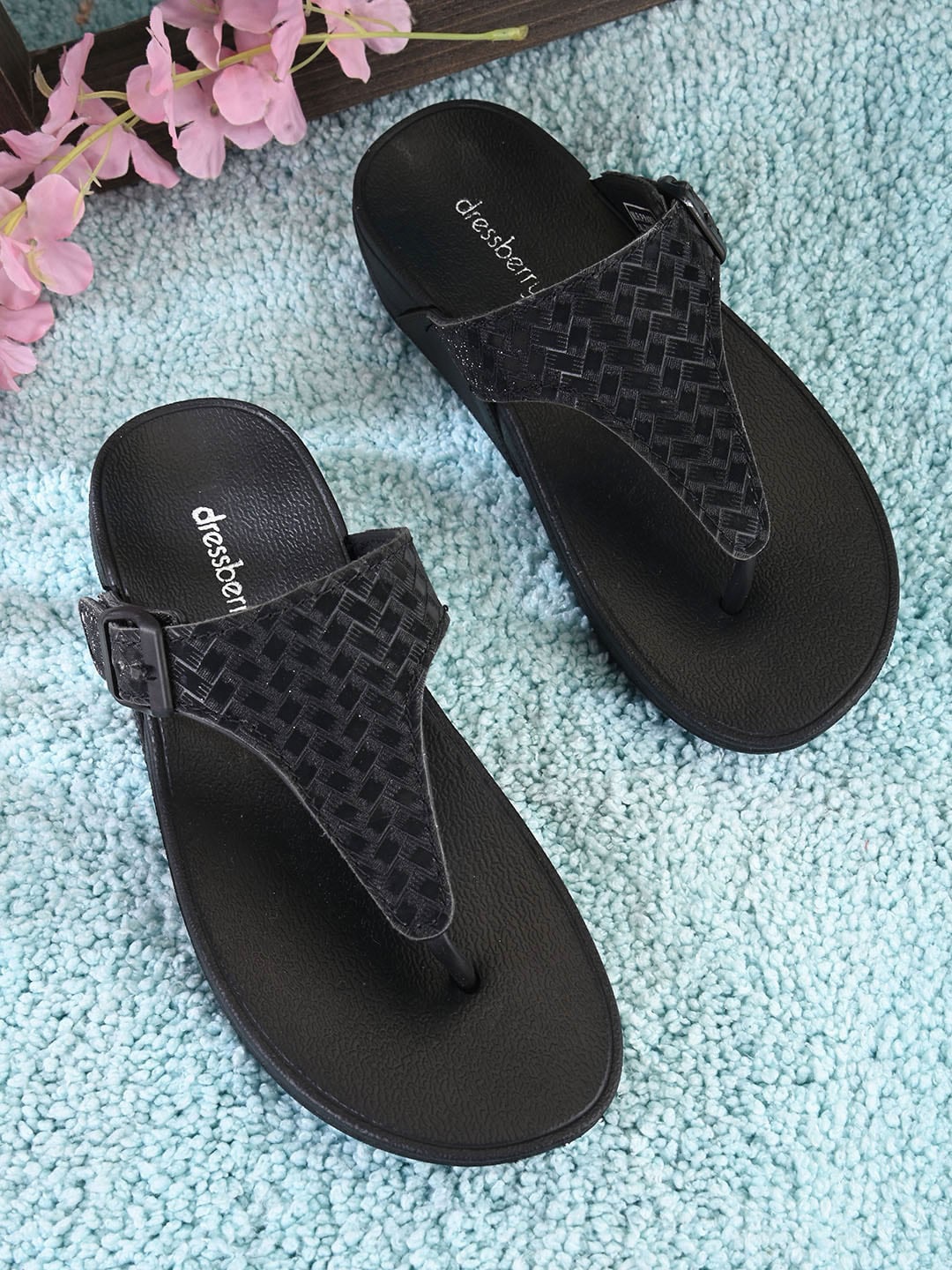 

DressBerry Women Black Textured Open Toe Flats With Buckle Detail