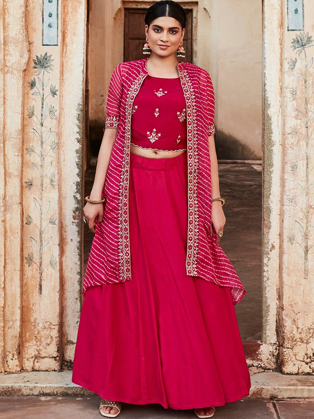 

Jaipur Kurti Pink Embroidered Crop Top With Skirt & Jacket Co-Ords
