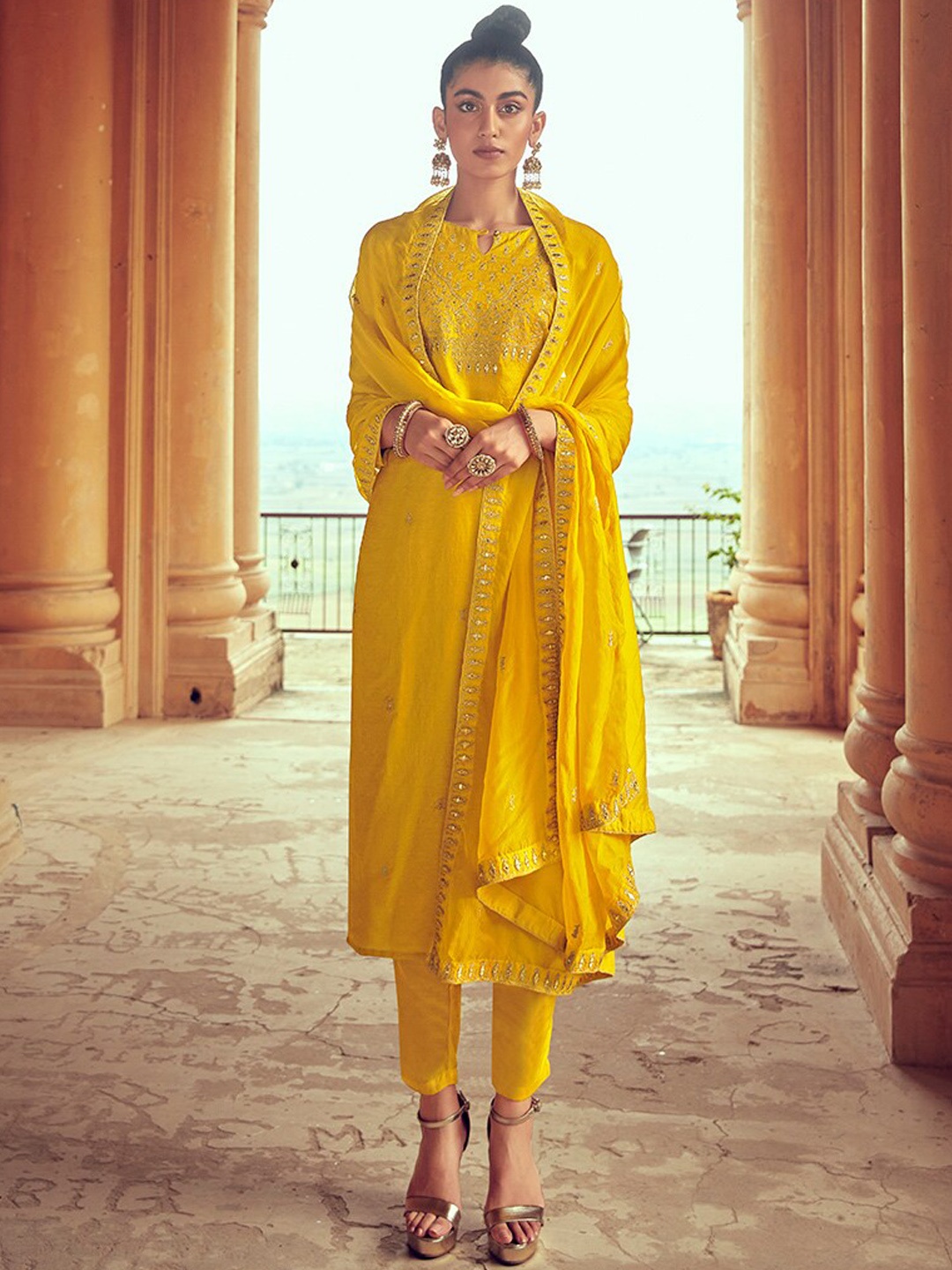 

Jaipur Kurti Yellow Ethnic Motifs Embroidered Kurta With Trousers & Dupatta, Mustard