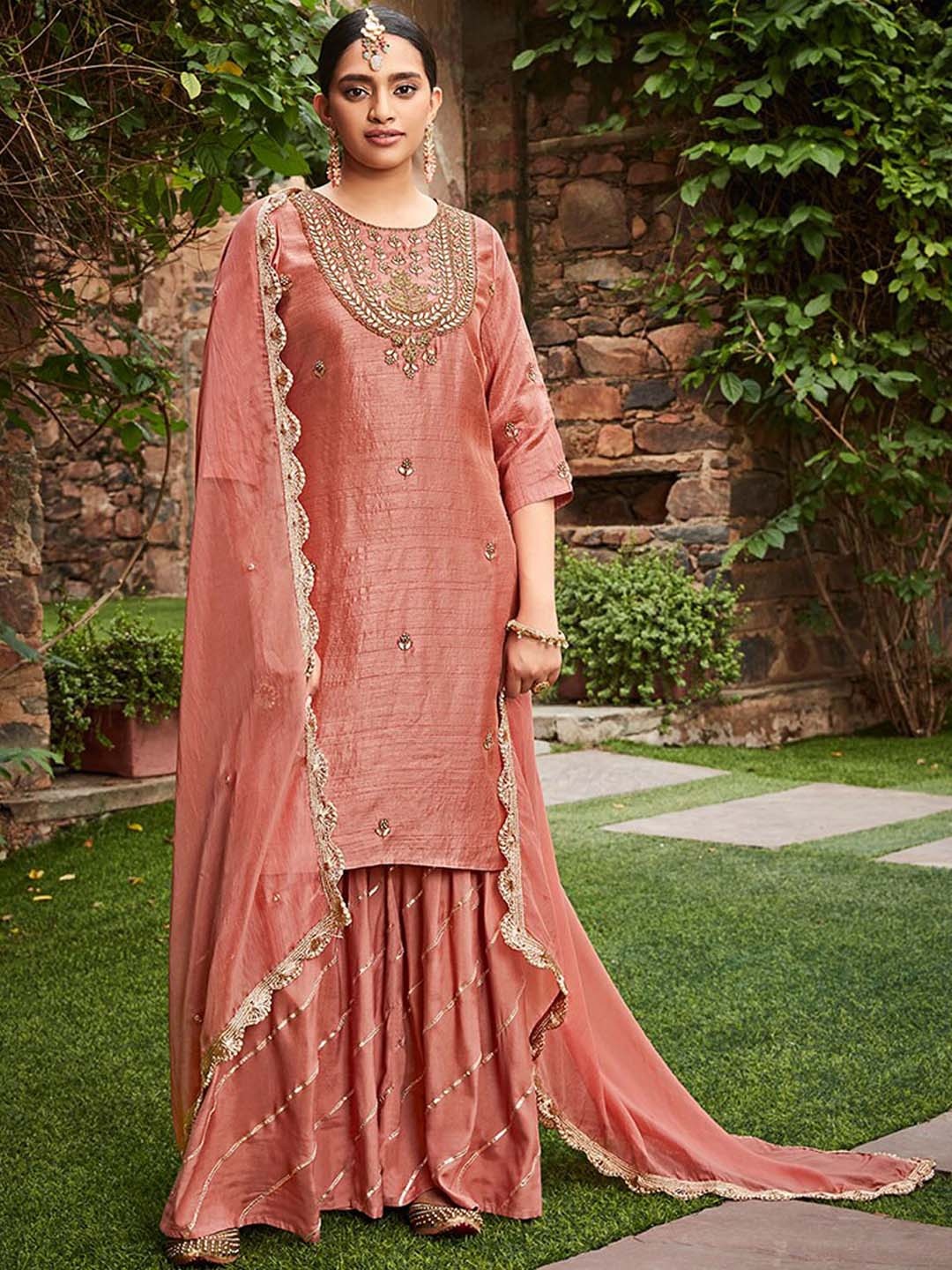 

Jaipur Kurti Peach Ethnic Motifs Embroidered Kurta With Trousers & Dupatta