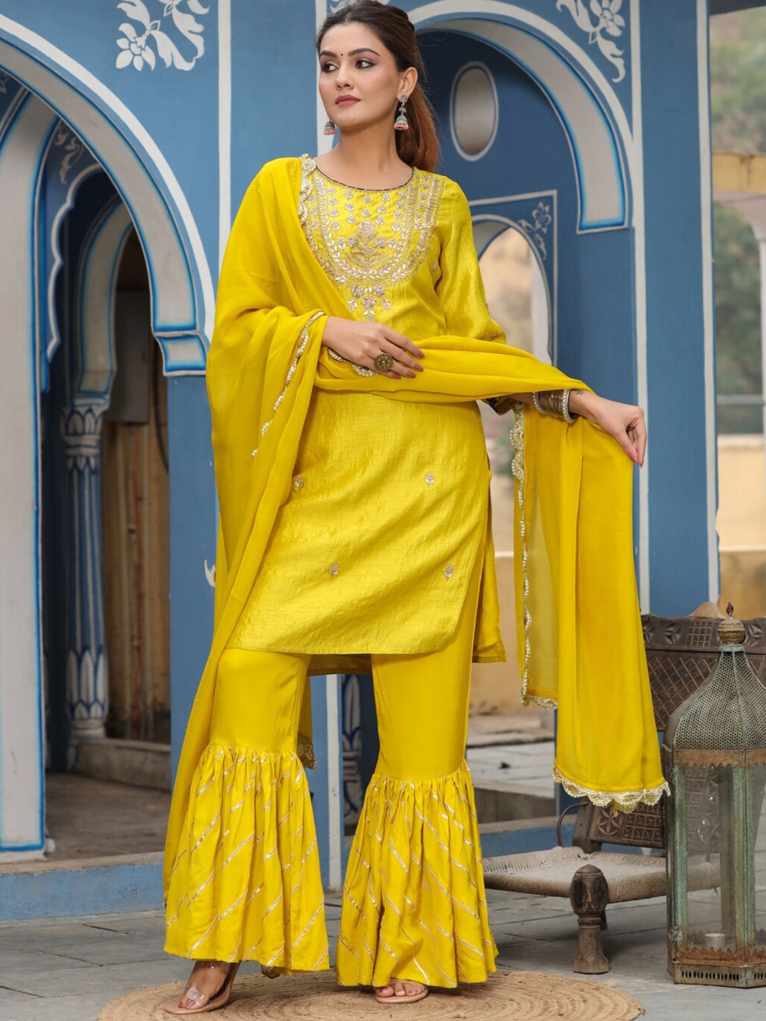 

Jaipur Kurti Ethnic Motifs Embroidered Kurta With Trousers & Dupatta, Yellow