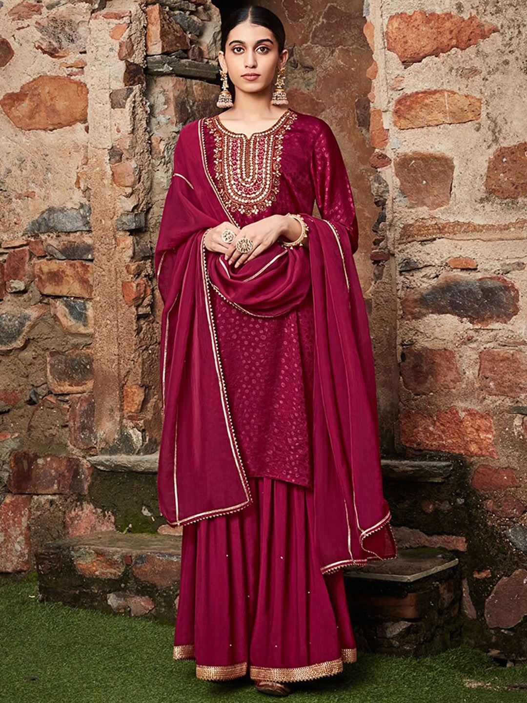 

Jaipur Kurti Maroon Ethnic Motifs Yoke Design Thread Work Kurta With Trousers & Dupatta