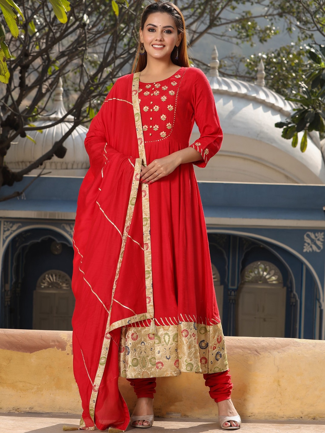 

Jaipur Kurti Red Floral Yoke Design Thread Work Detail Kurta With Churidar & Dupatta