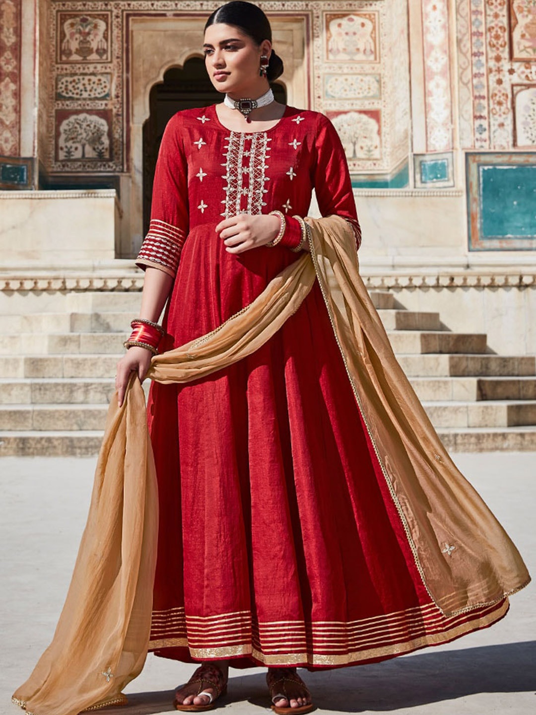 

Jaipur Kurti Maroon & Beige Ethnic Motifs Embroidered Zari Anarkali Kurta & Dupatta