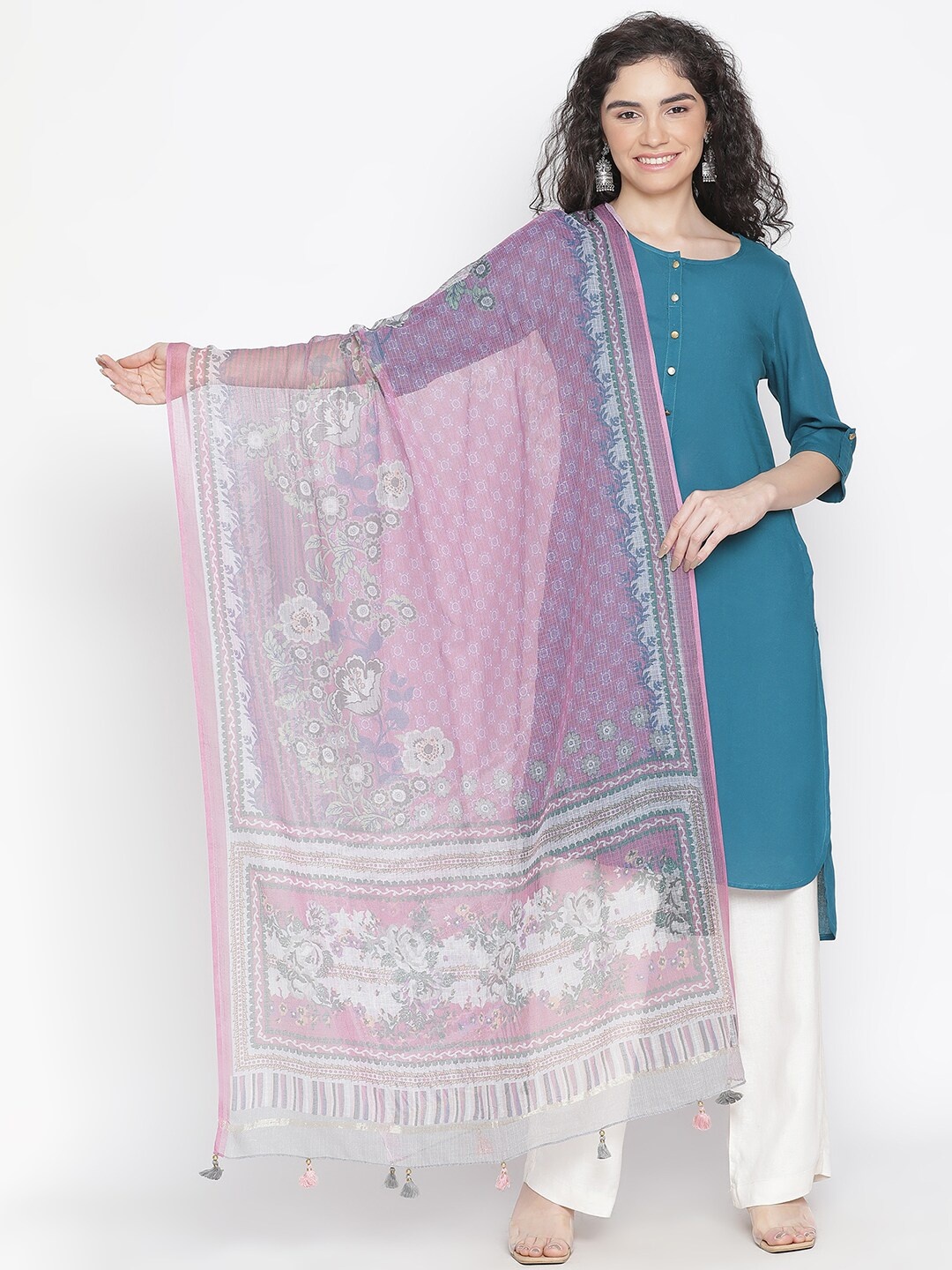 

SHINGORA Floral Printed Dupatta, Pink