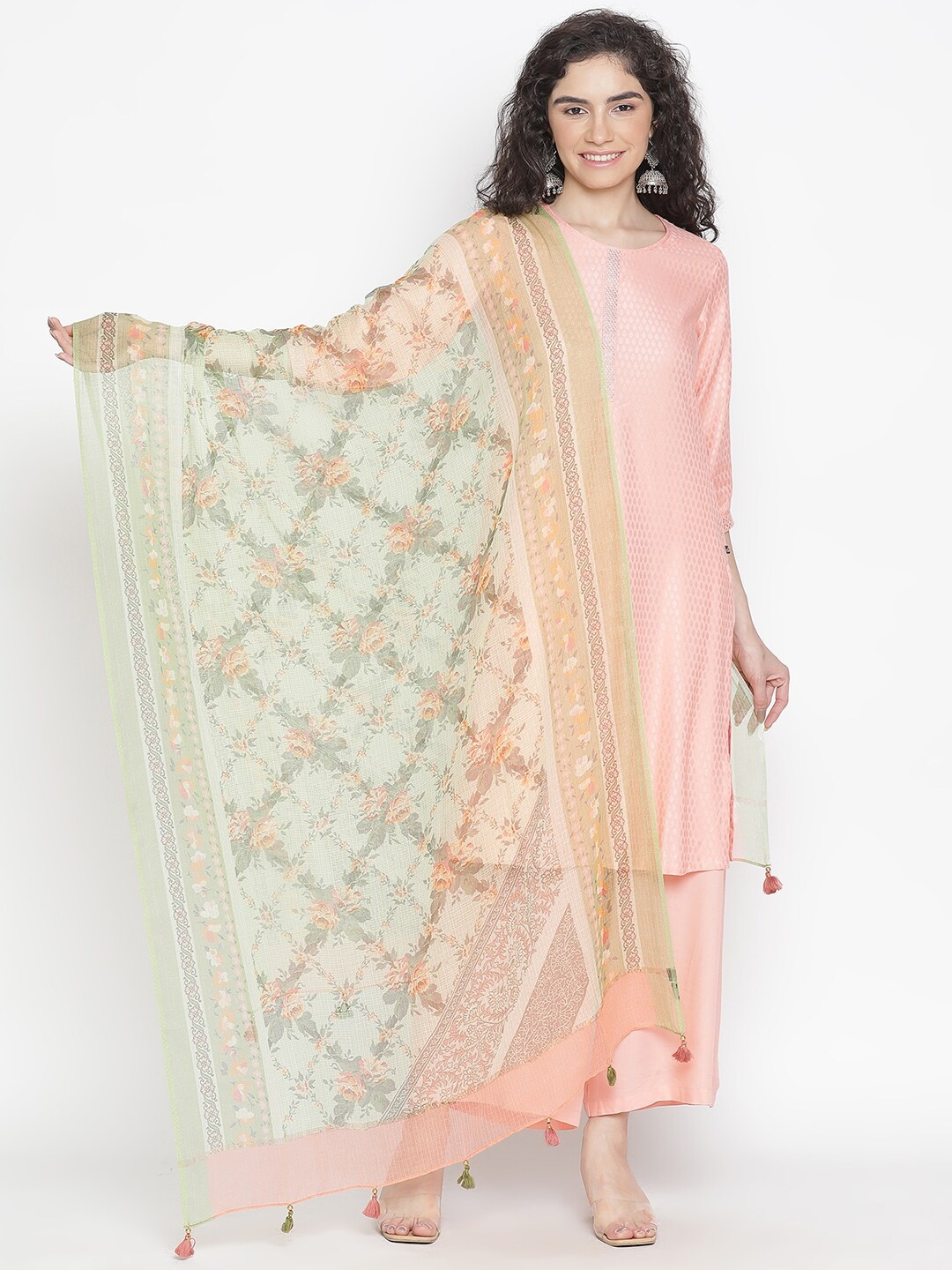 

SHINGORA Floral Printed Dupatta With Tasselled Border, Green