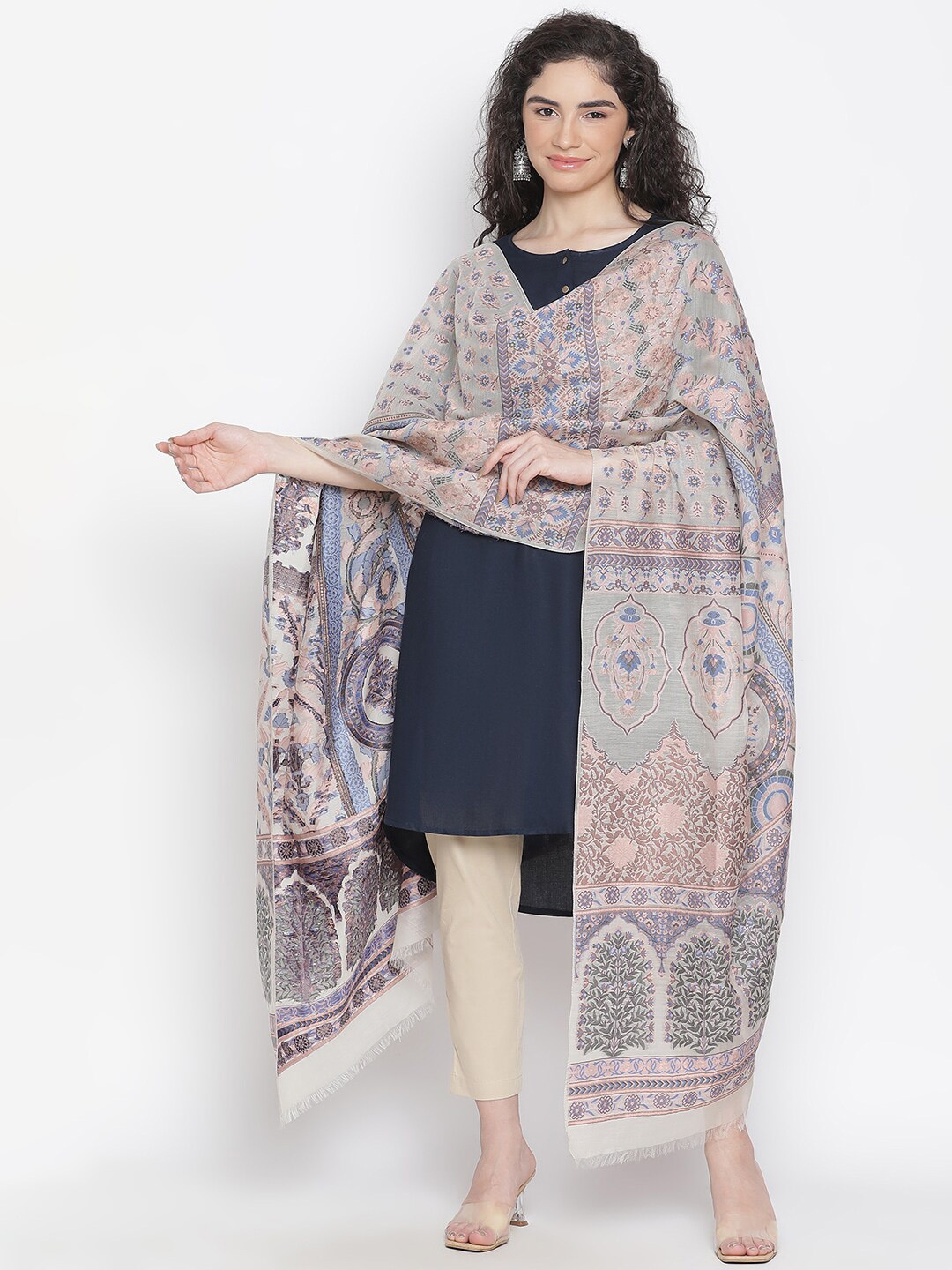 

SHINGORA Ethnic Motifs Woven Design Dupatta With Fringed Border, Grey