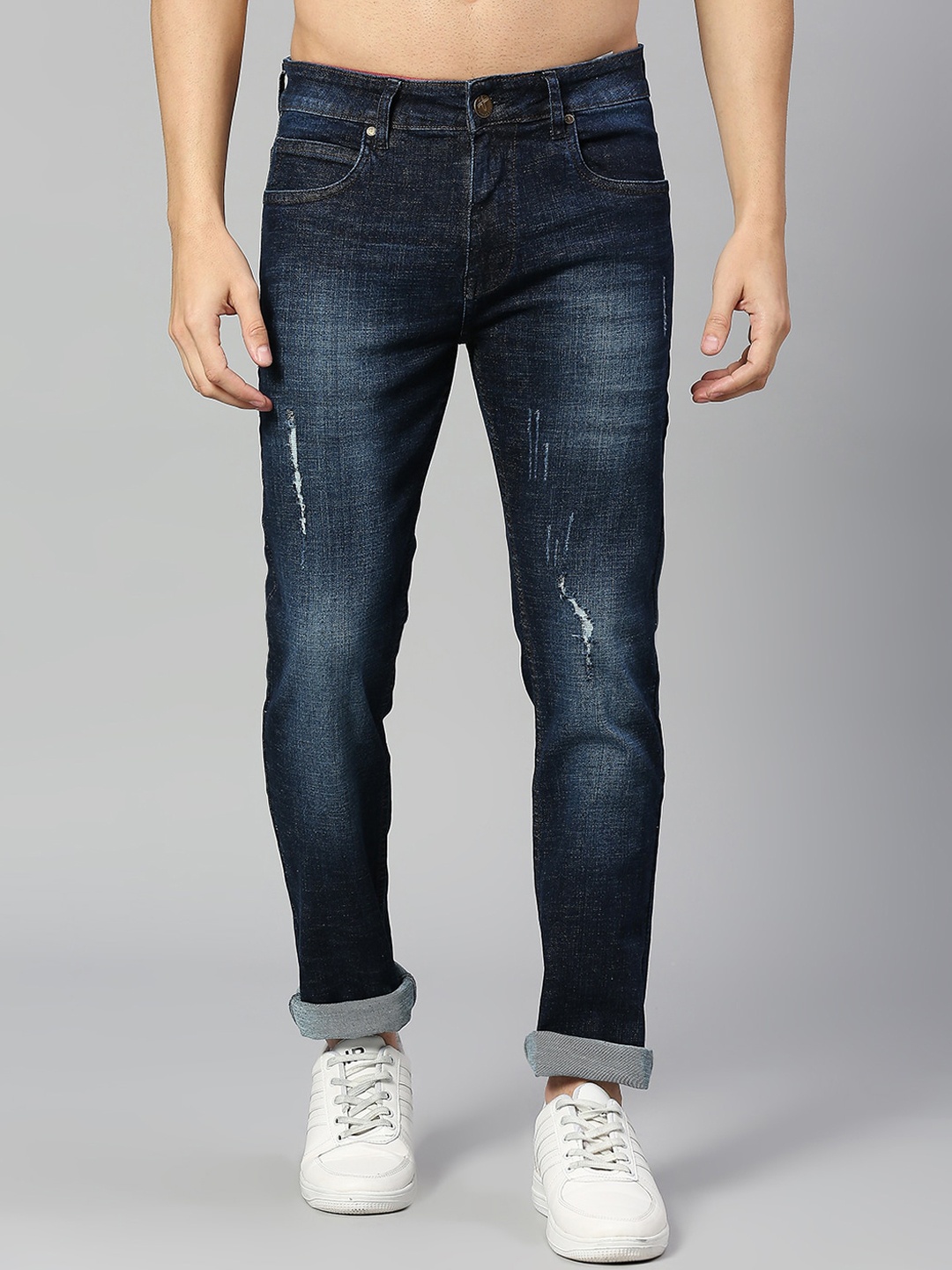 

Thomas Scott Men Navy Blue Smart Slim Fit Low Distress Heavy Fade Stretchable Jeans