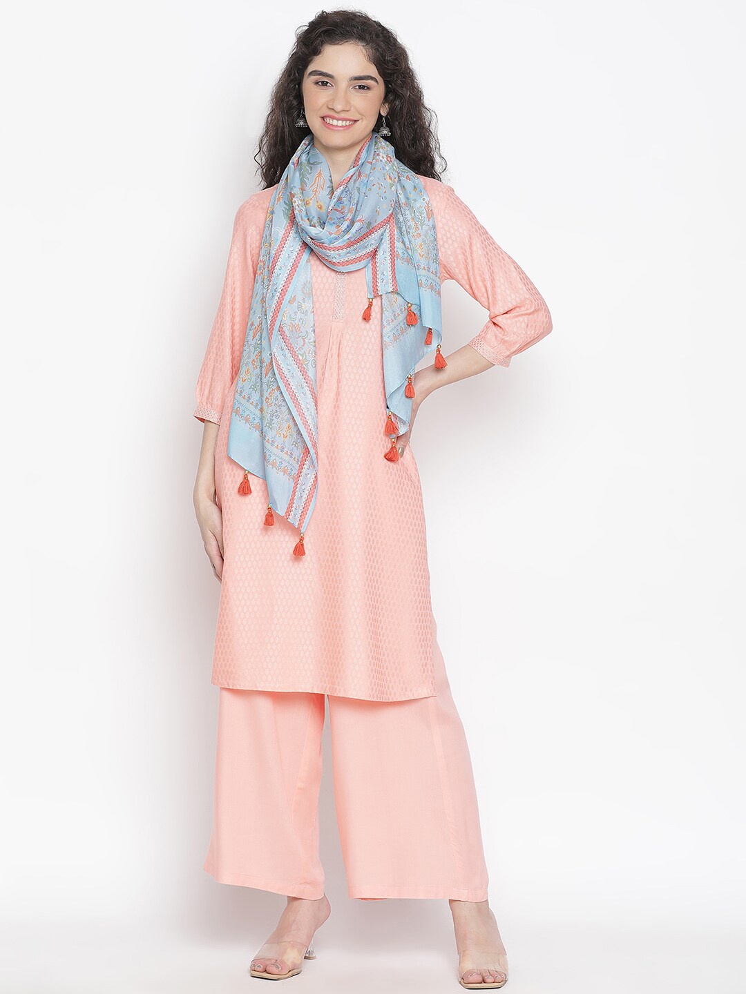 

SHINGORA Floral Printed Pure Silk Stole, Blue