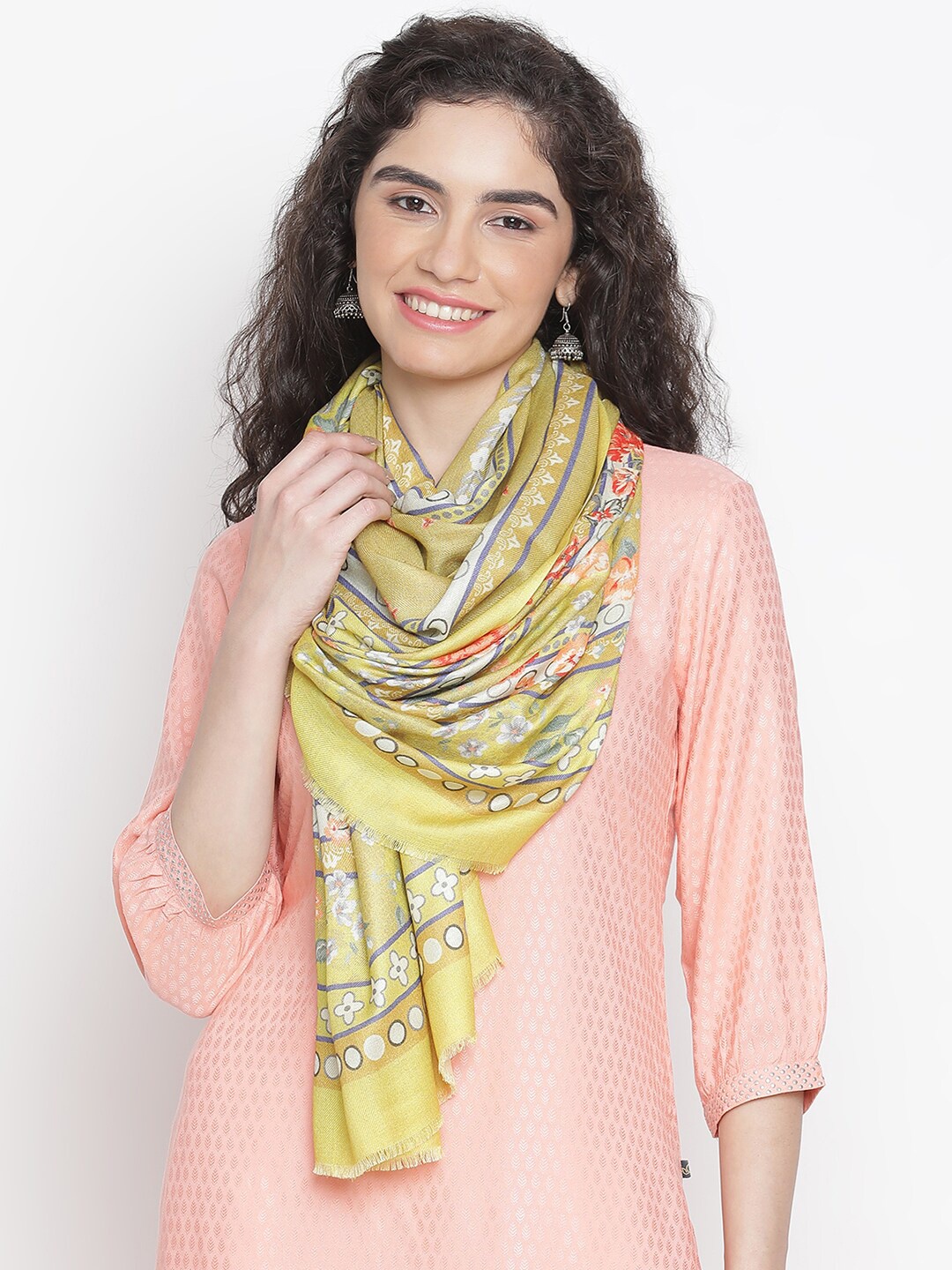 

SHINGORA Floral Printed Pure Silk Stole, Yellow