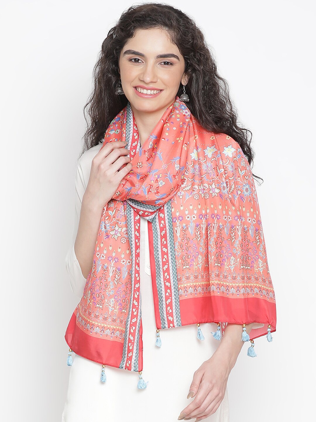 

SHINGORA Floral Printed Pure Silk Stole, Peach