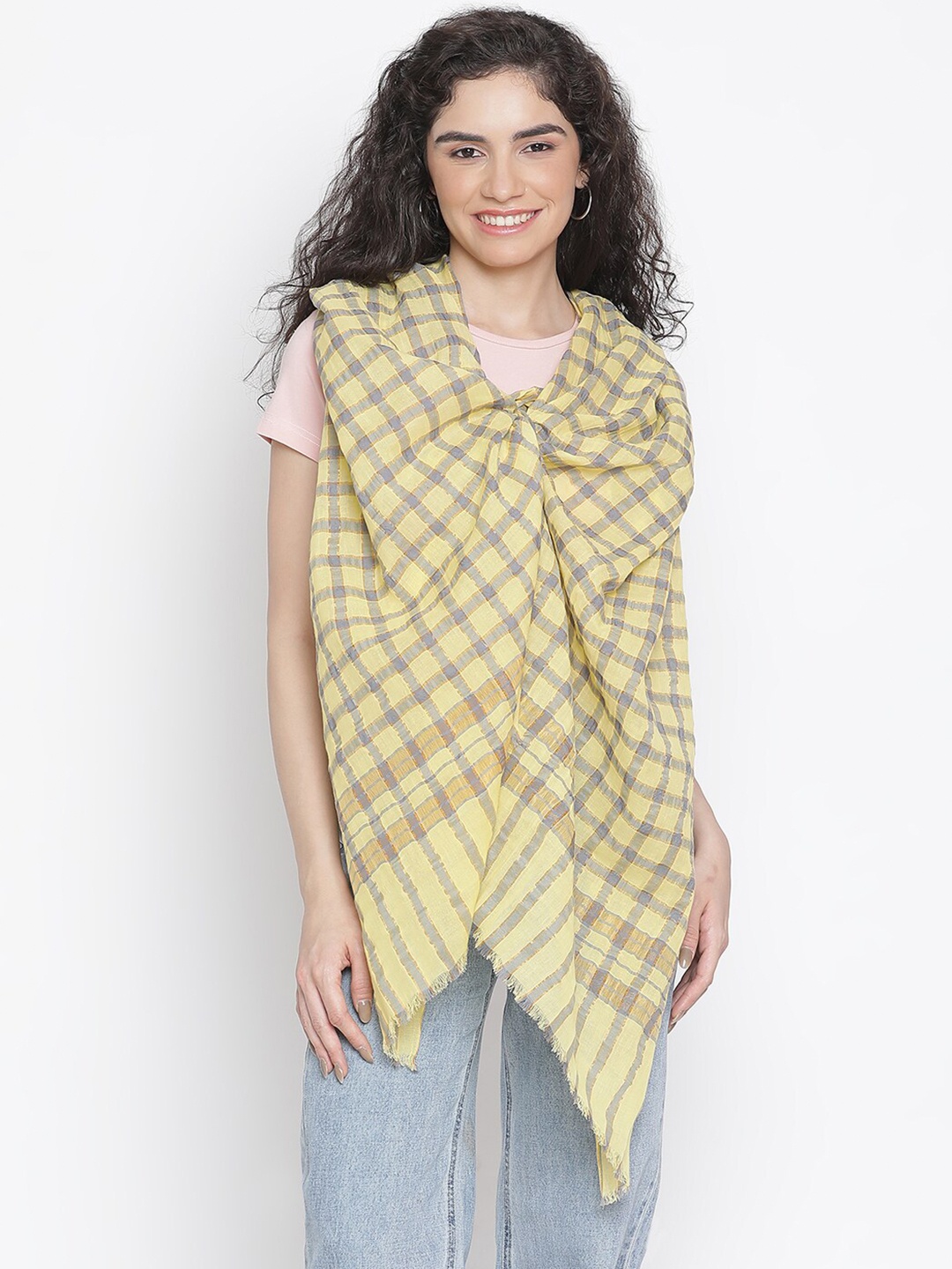 

SHINGORA Women Checked Fringed Stole, Yellow