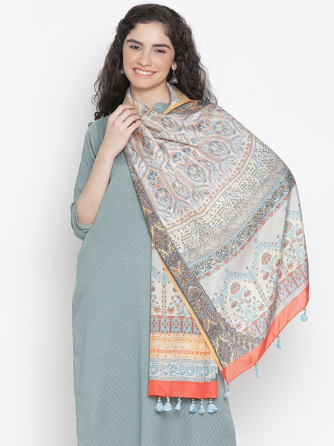 

SHINGORA Floral Printed Pure Silk Stole, Beige