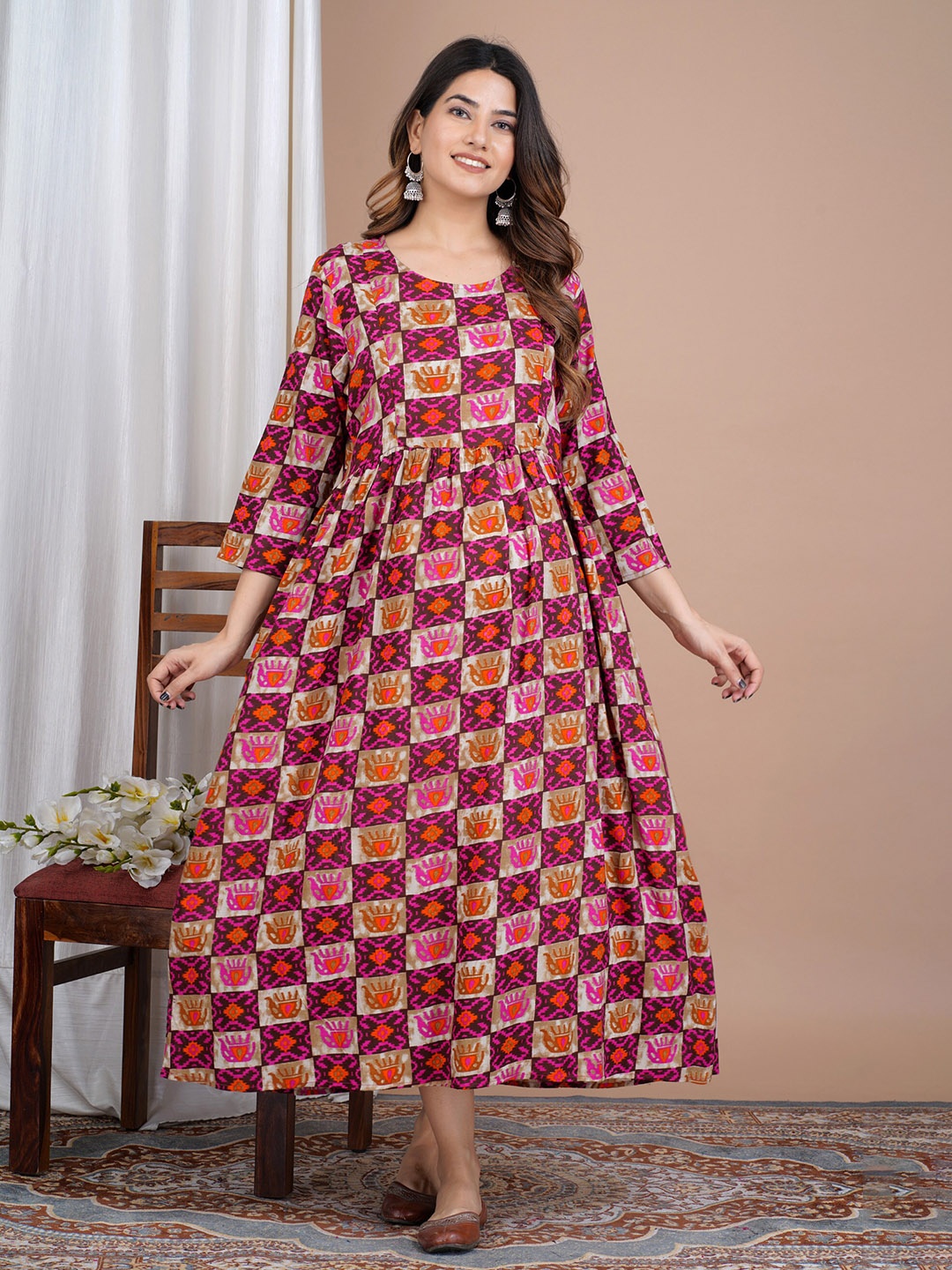 

PREKSHA Conversational Printed Maternity & Feeding Fit & Flare Midi Ethnic Dress, Pink