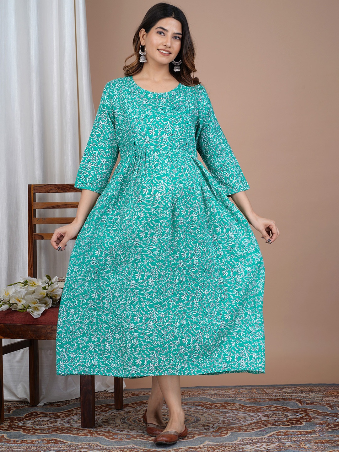 

PREKSHA Floral Printed Maternity Feeding A-Line Midi Dress, Green