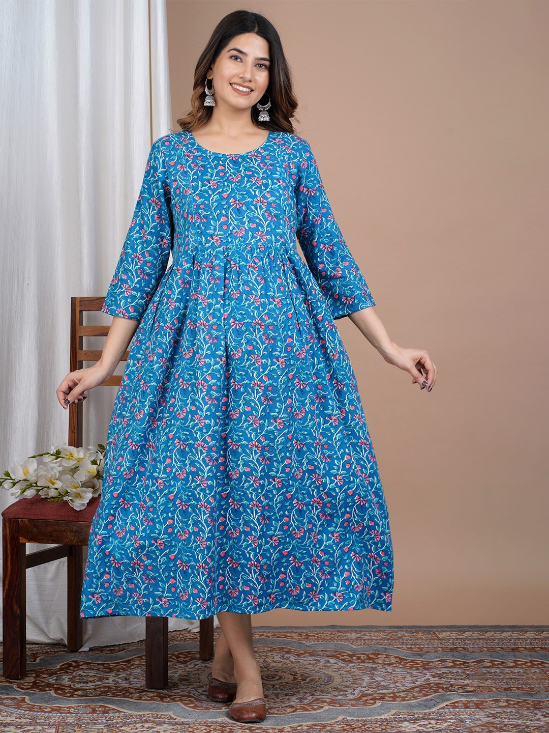 

PREKSHA Floral Print Maternity Feeding Maxi Midi Dress, Blue