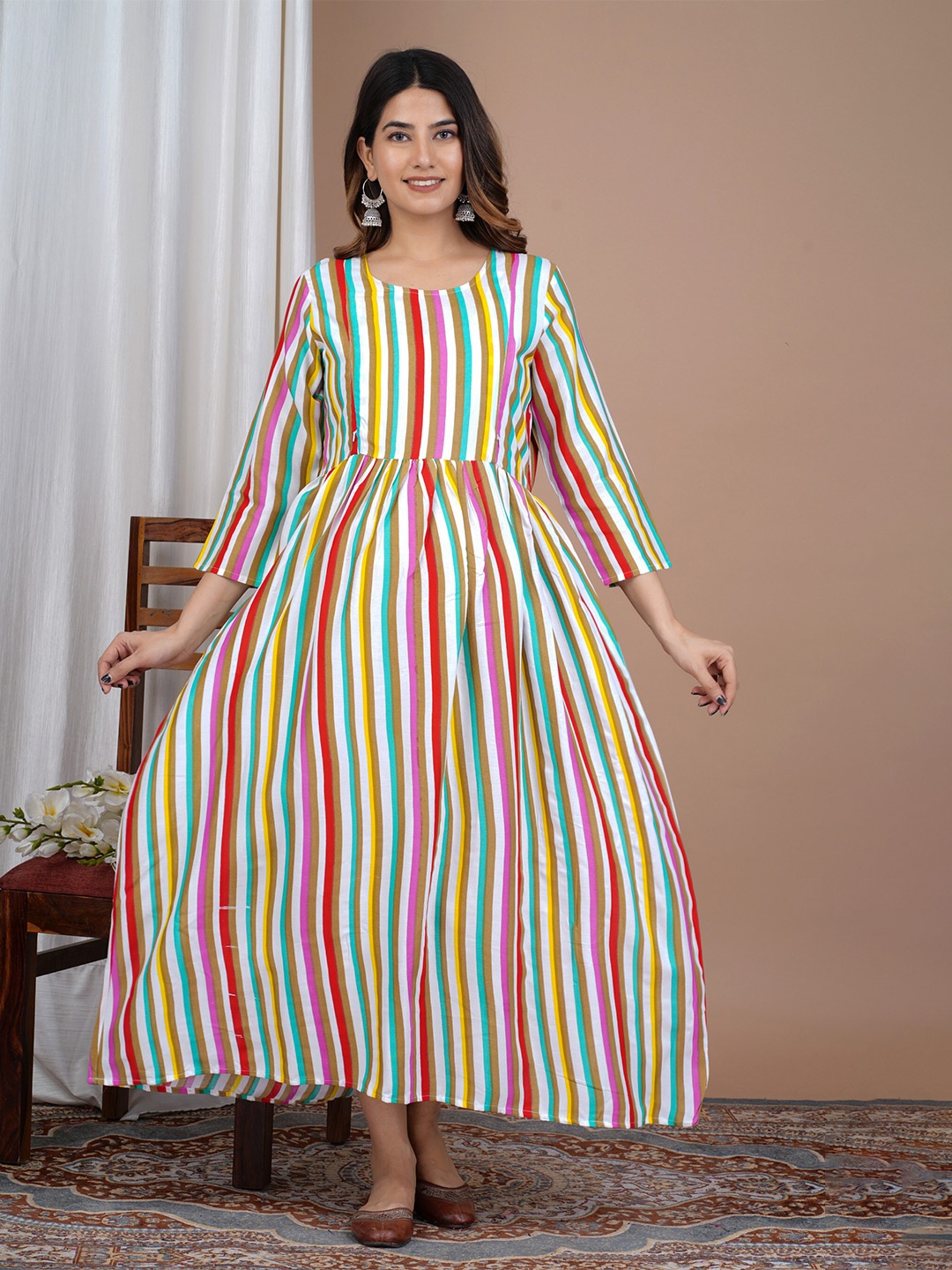 

PREKSHA Striped Maternity Feeding A-Line Midi Dress, White
