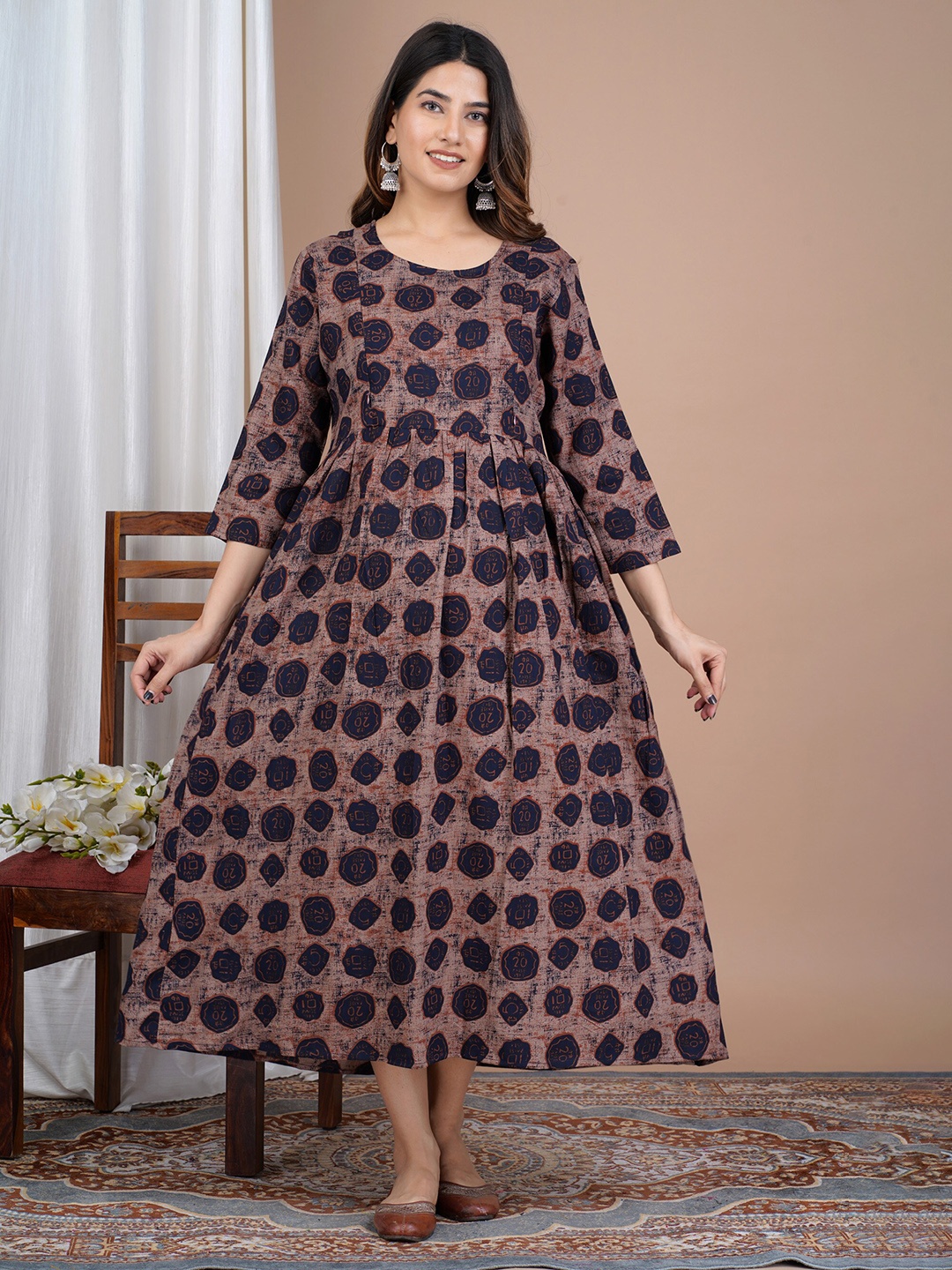 

PREKSHA Conversational Printed Maternity & Feeding Fit & Flare Midi Ethnic Dress, Brown