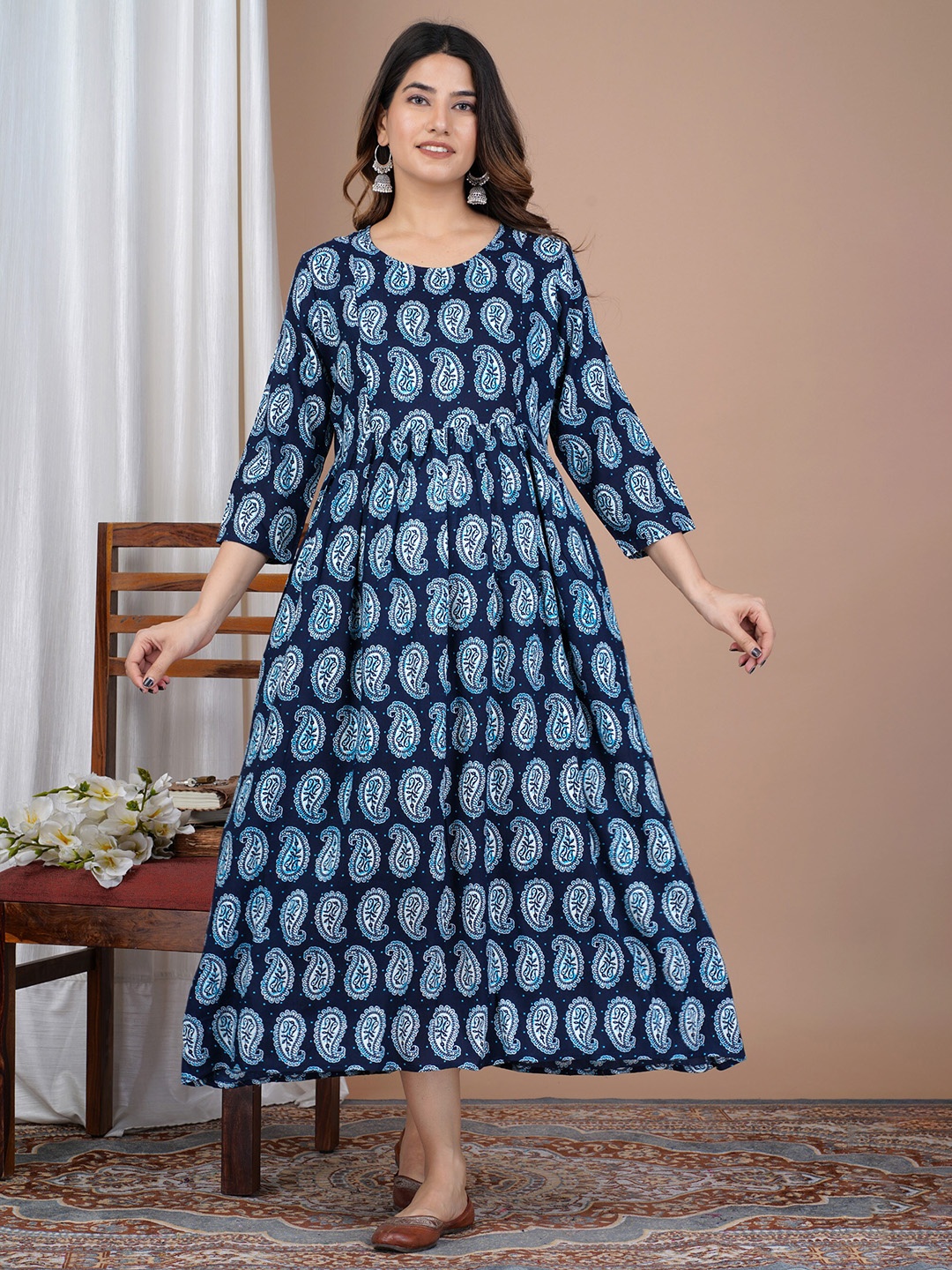 

PREKSHA Ethnic Motifs Printed Maternity & Feeding Fit & Flare Midi Ethnic Dress, Navy blue
