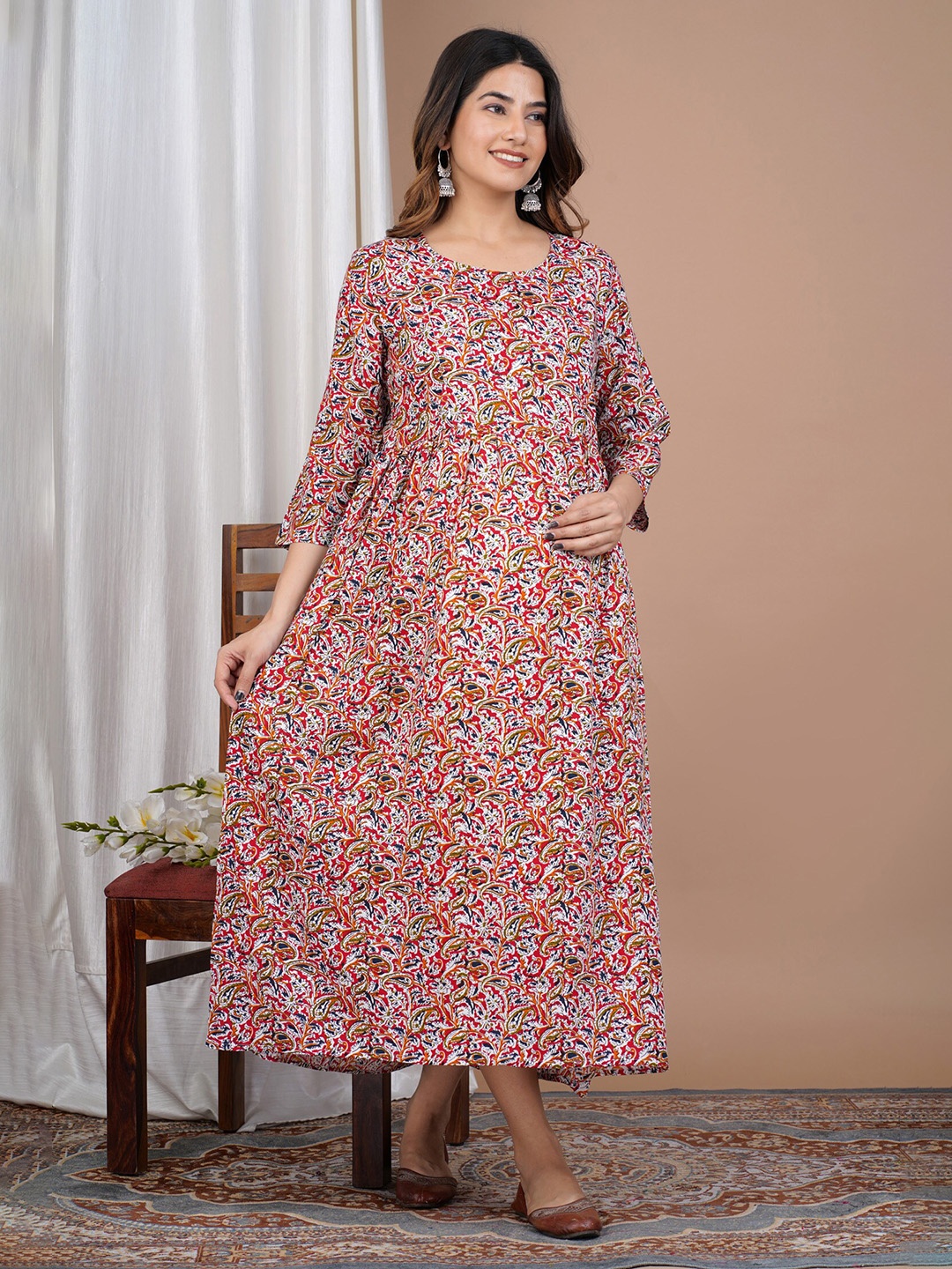 

PREKSHA Ethnic Motifs Printed Maternity & Feeding Fit & Flare Midi Ethnic Dress, Red