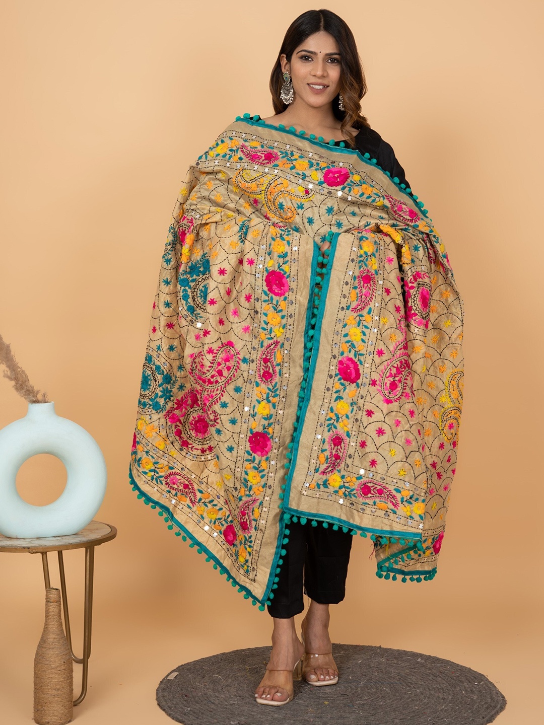 

KALINI Embroidered Dupatta with Phulkari, Brown