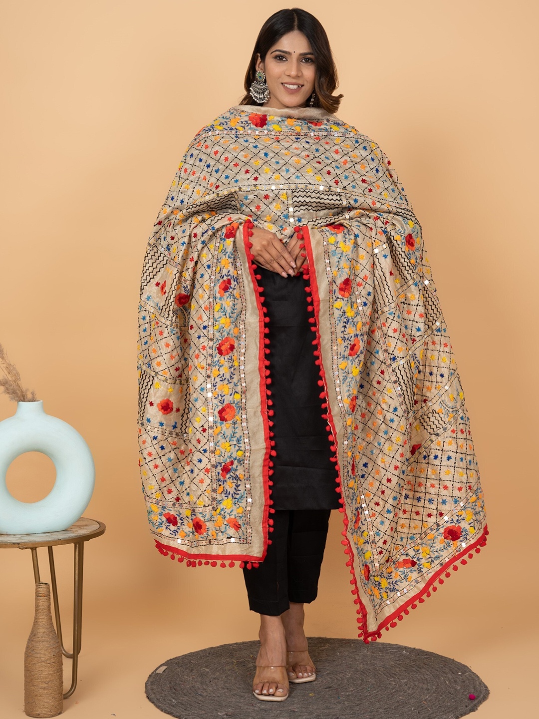 

KALINI Embroidered Dupatta with Phulkari, Beige