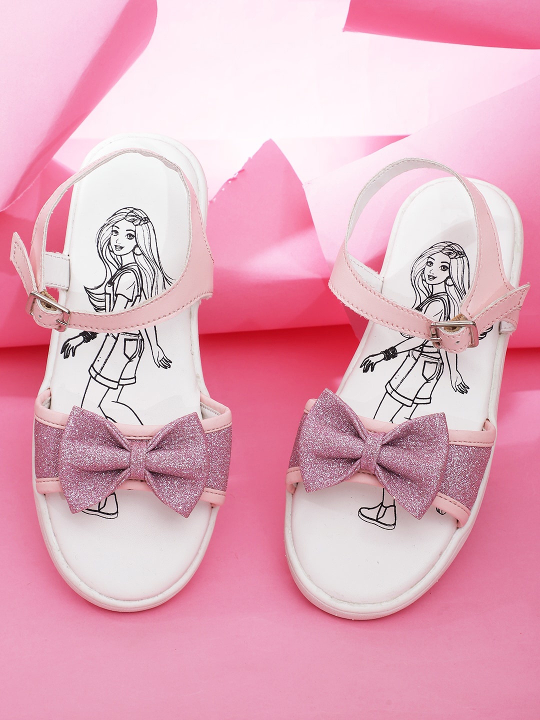 

Kids Ville Girls Barbie Printed Bow Embellished Open Toe Flats, Pink