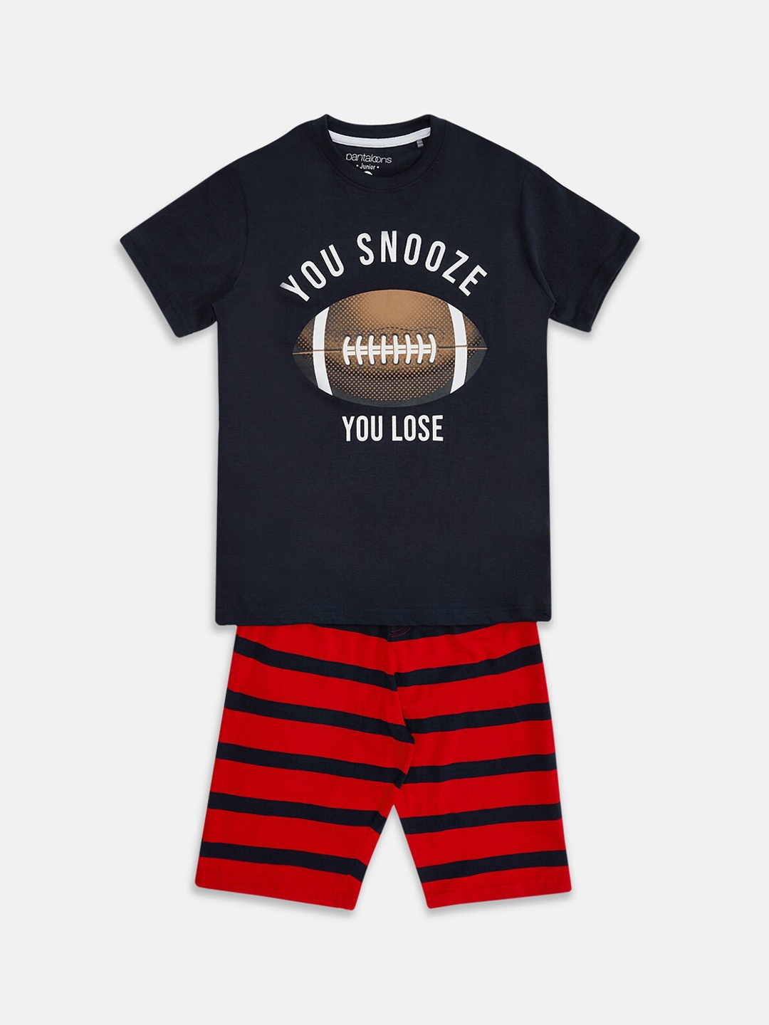 

Pantaloons Junior Boys Printed Pure Cotton Clothing Set, Navy blue