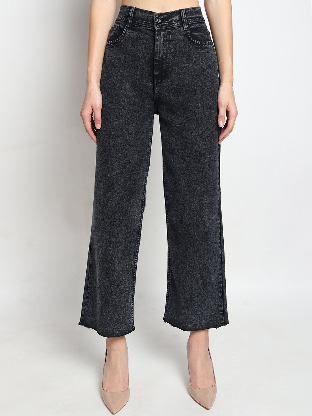 

BAESD Women Jean Wide Leg Fit High-Rise Clean Look Heavy Fade Stretchable Jeans, Black