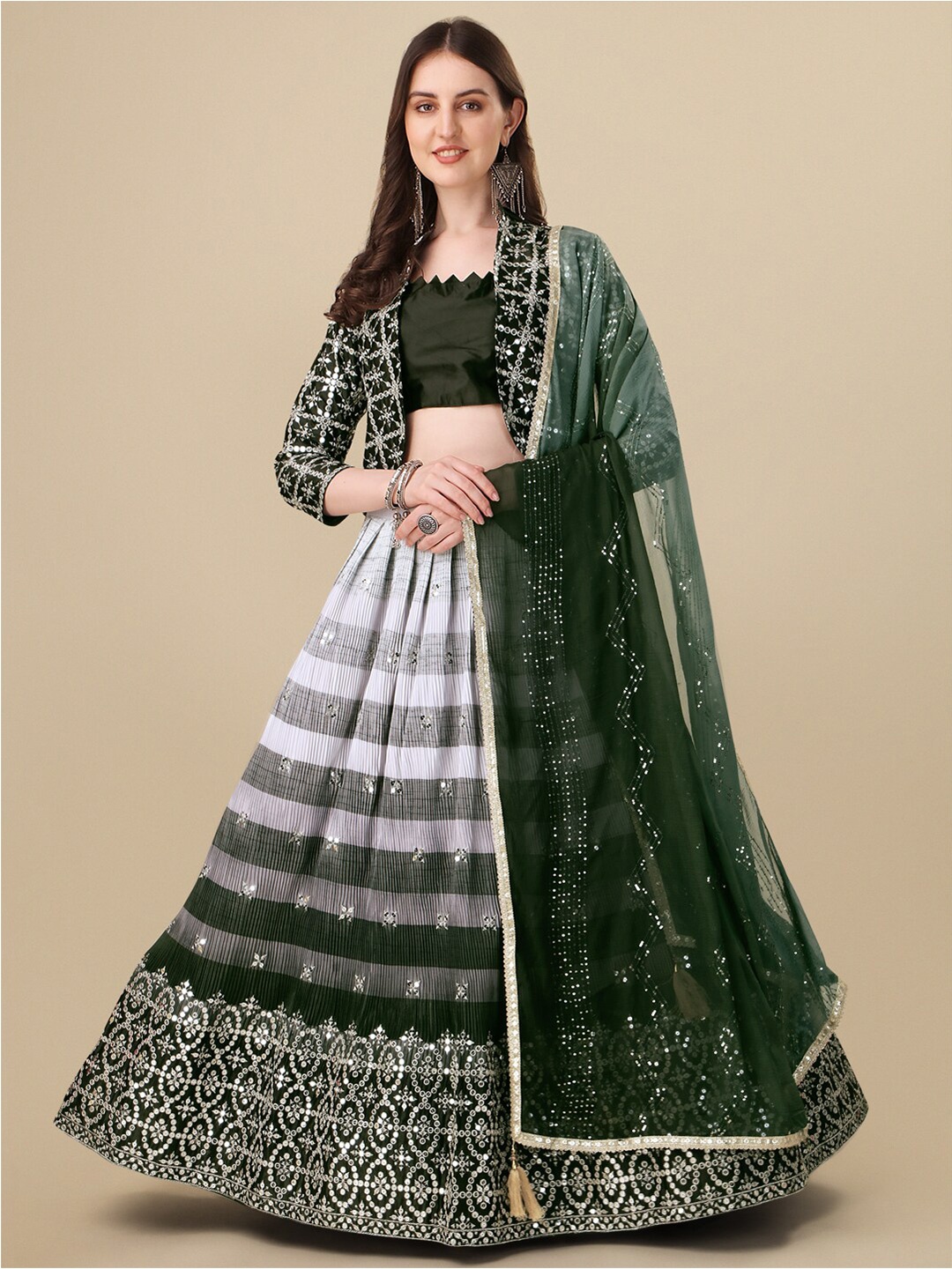 

Fab Viva Sequinned Semi-Stitched Lehenga & Unstitched Blouse With Dupatta, Green