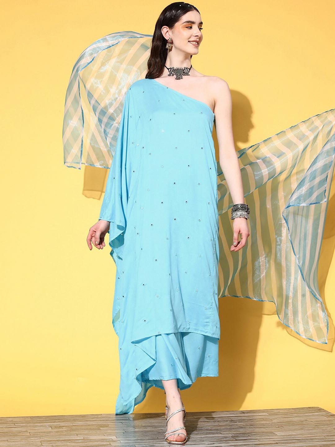 

InWeave Blue Ethnic Motifs Embroidered Mirror Work Kurta with Palazzos & Dupatta
