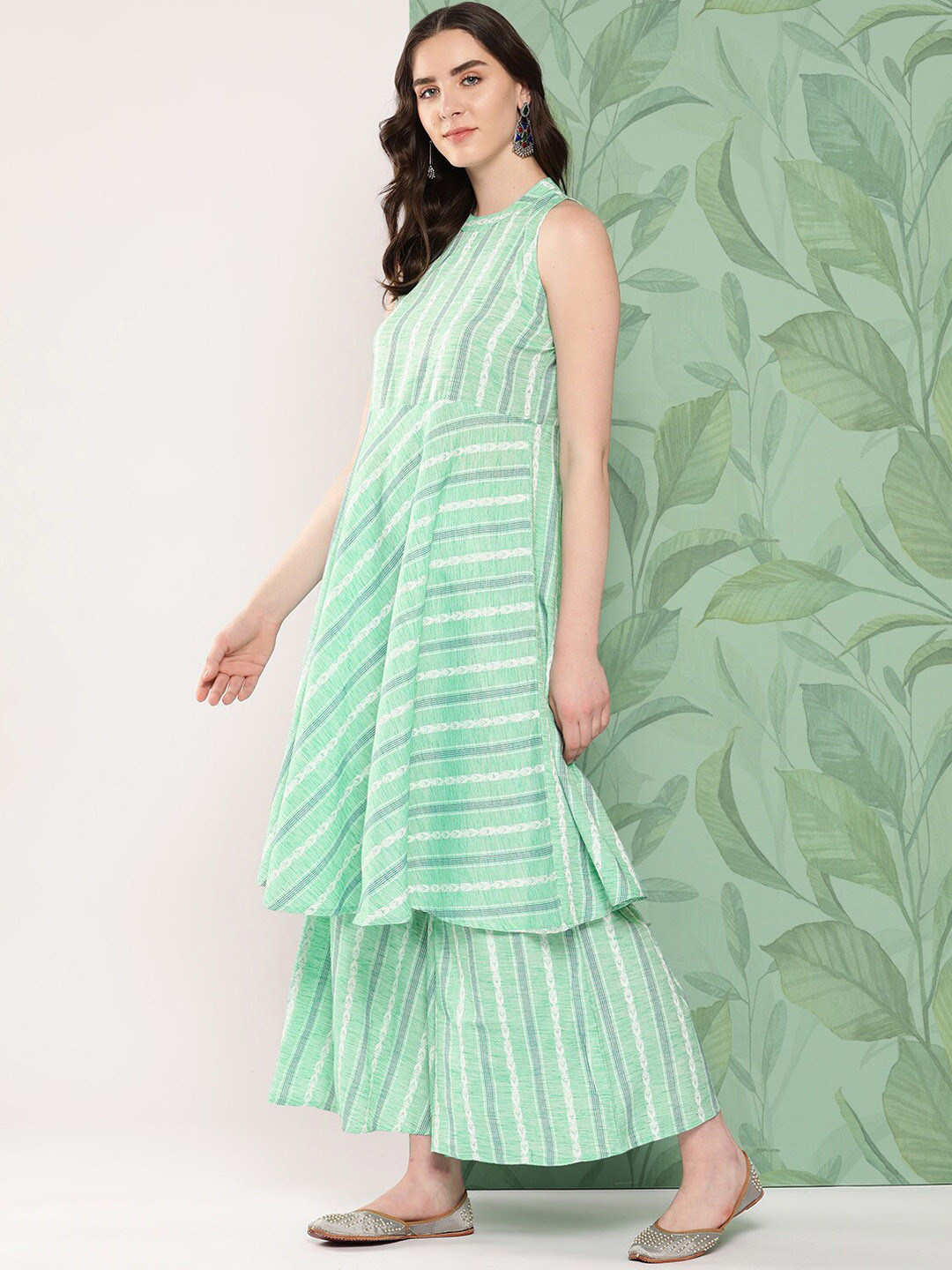 

InWeave Green & White Band Collar Striped A-Line Kurta with Palazzos
